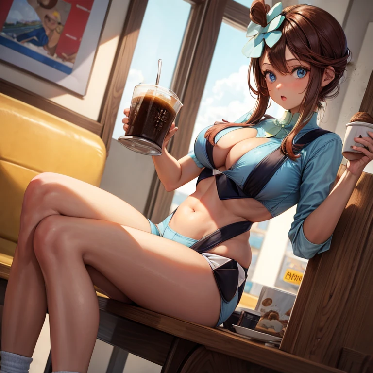 Brown-haired girl wearing a cape eating coffee and donuts in a coffee shop Wearing sneakers Shorts with suspenders The coffee is in the cup The donut is on the plate Large Breasts Showing her belly button Ultra low rise