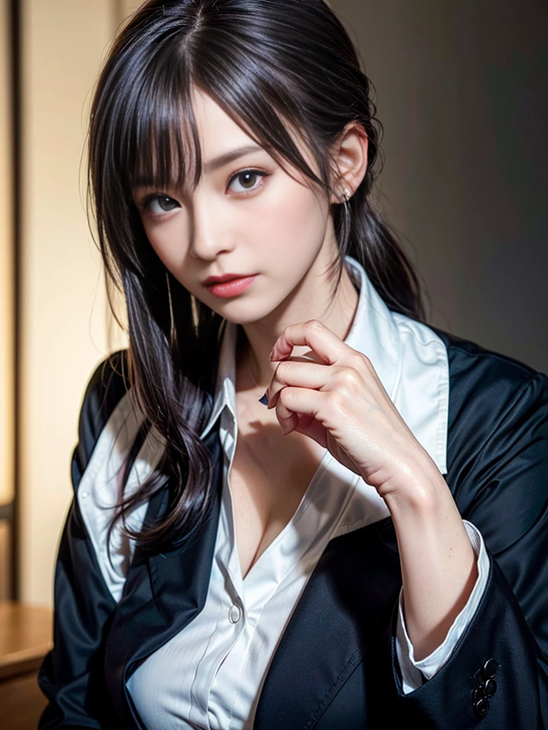 ((shoot from front)), ((arms behind head)), masterpiece, Best Quality, Illustration, Ultra-detailed, finely detail, high resolution, 8K Wallpaper, Perfect dynamic composition, Beautiful detailed eyes, Natural Lip, , cleavage, lown:1.2, sitting on chair, desk working, wearing business suit, (sad), (in the office), Japanese beauty girl, 20 years old,