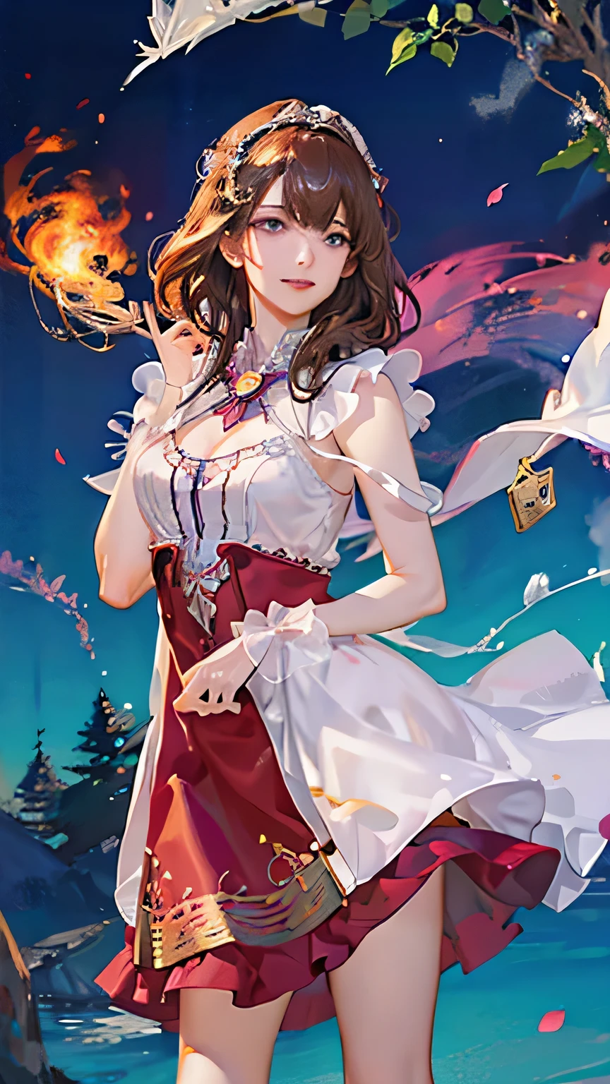 (highest quality, High resolution), Glowing Eyes, Delicate facial features, Vibrant colors, Dreamy atmosphere, Fantasy Theme, Floral Background, Graceful Movement, Detailed clothing, loose fitting dress, Elegant fashion, Magic lighting, Mysterious Aura, Heavenly Beauty, Magic thread, Whimsical elements,Big Breasts、Red attire、Colorful costumes、lingerie、Purple outfit