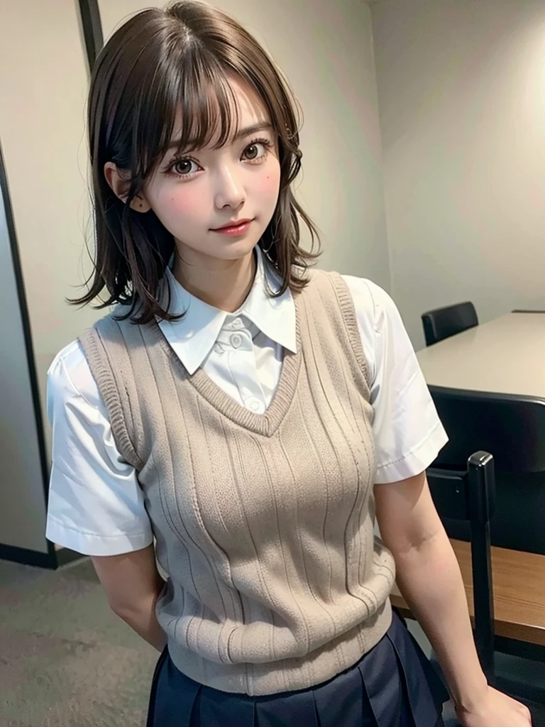 Masterpiece, Top Quality, Top Mikoto, brown eyes, short hair, small breasts, looking at viewer, alone, closed mouth, collared shirt, beige knit vest, dark blue  Skirt, school_uniform, shirt, white_shirt, classroom,Masterpiece, highest quality, 8K, detailed skin texture, fine cloth texture, beautiful detailed face, intricate details, super detailed,cute,cute posing,composition that shows the whole body,