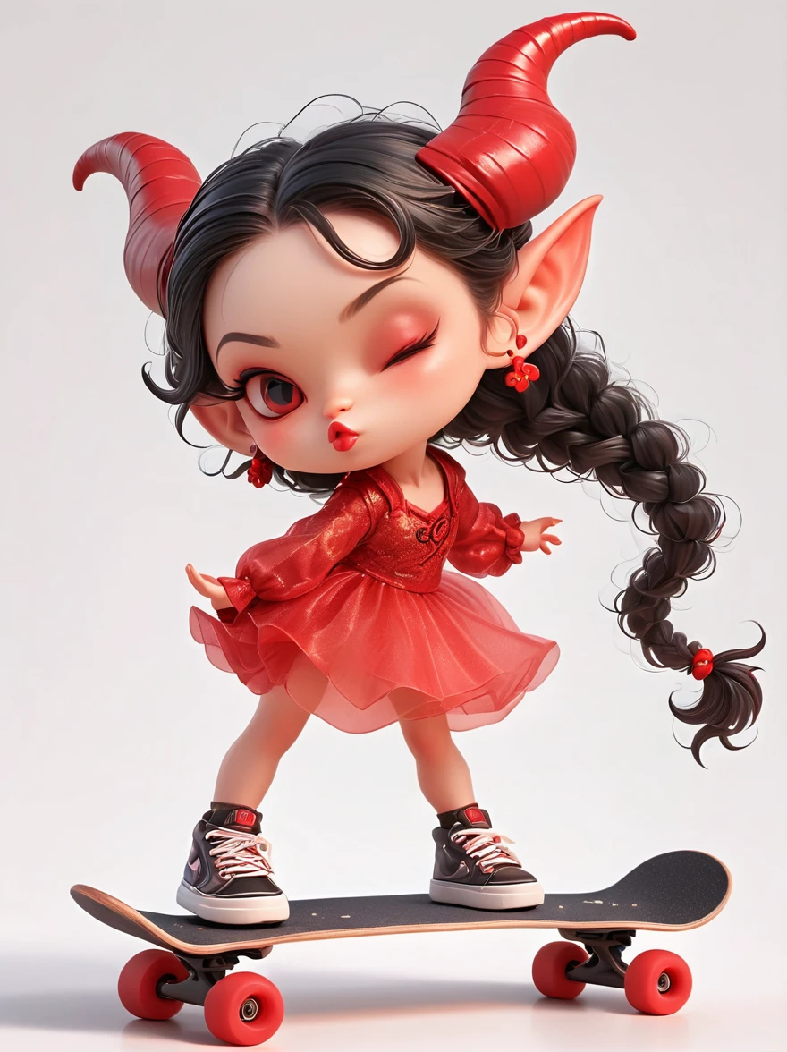 1 girl, demon whose body is made of lava,With menacing horns and crimson lava skin, strike a playful pose, Standing on a skateboard, (Close one eye:1.3), Red Eyes, Pouting cute little mouth, Swirling tendrils of smoke leave behind them,proudly, Cartoon Style, full-body shot, Created with C4D and Blender, Blind box toy styles, Super Detail, Anatomically correct, masterpiece, precise