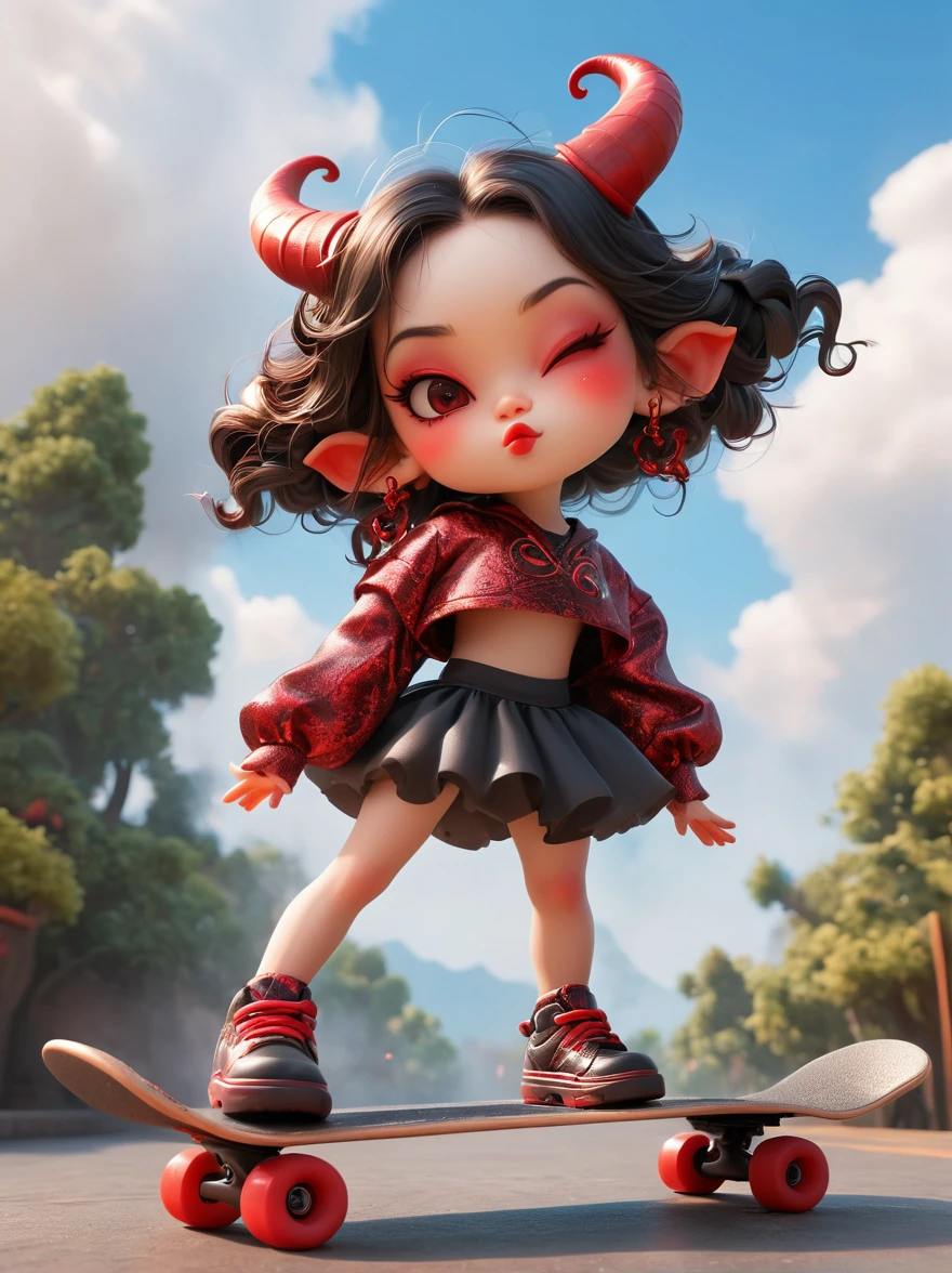 1 girl, demon whose body is made of lava,With menacing horns and crimson lava skin, strike a playful pose, Standing on a skateboard, (Close one eye:1.3), Red Eyes, Pouting cute little mouth, Swirling tendrils of smoke leave behind them,proudly, Cartoon Style, full-body shot, Created with C4D and Blender, Blind box toy styles, Super Detail, Anatomically correct, masterpiece, precise