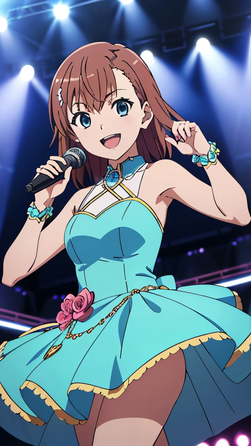 (highest quality, 8k, High resolution, masterpiece:1.2), Anime art style, Hyper Detail, misaka mikoto, 1 girl, Perfect Face, Perfect Eyes, Large midchest, Soft look, alone, (Idol Costumes, blue idol dress, Idol Stage, microphone, smile, sing, Open your mouth), Cowboy Shot, Watching the audience,
