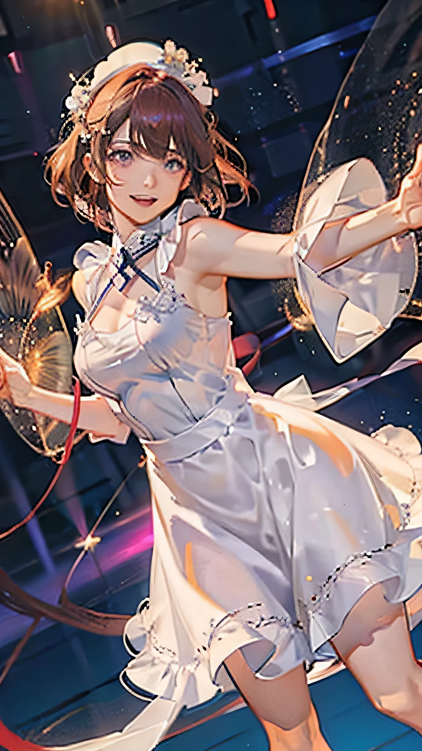 (highest quality, High resolution), Glowing Eyes, Delicate facial features, Vibrant colors, Dreamy atmosphere, Fantasy Theme, Floral Background, Graceful Movement, Detailed clothing, loose fitting dress, Elegant fashion, Magic lighting, Mysterious Aura, Heavenly Beauty, Magic thread, Whimsical elements,Big Breasts、Red attire、Colorful costumes、lingerie、Purple outfit