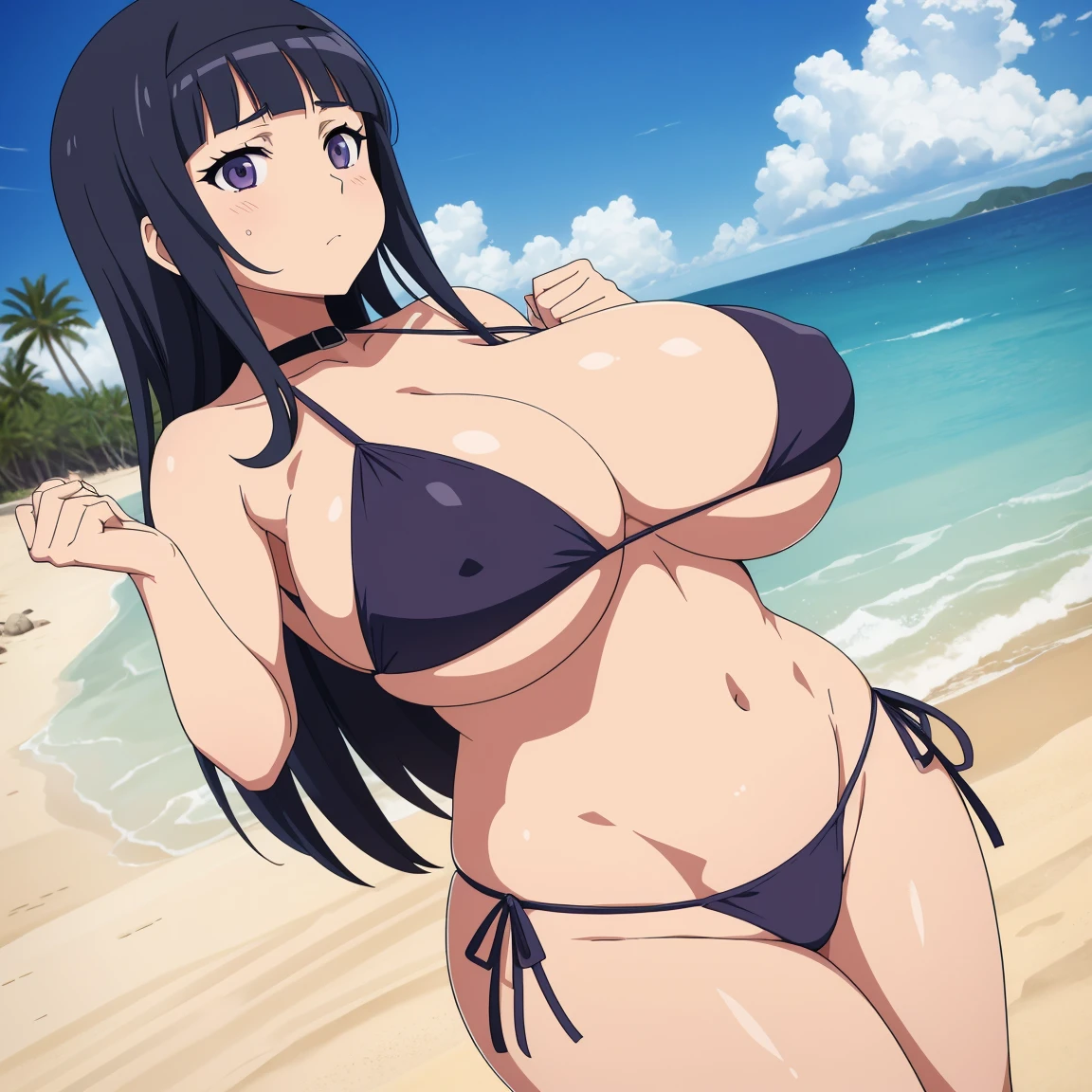 a woman in a  standing on a beach next to the ocean,  anime girl, in the beach, at the beach,  , at a beach, hinata hyuga, anime best girl, by Jin Homura, mayuri shiina, with long  over belly, kotegawa yui, mai yoneyama, on a sunny beach , hands behind her back looking at her audience, serious face