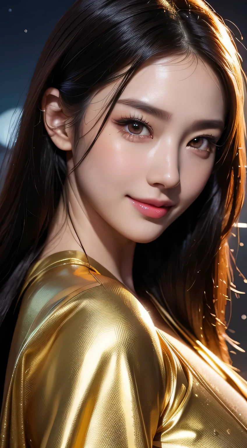 Kimono beauty, body portrait, 8k, thin and beautiful eyes, Dindal effect, masterpiece, top quality, high quality, high resolution, very detailed photo, (natural skin texture, fine skin, hyper realism, super sharpness) , high detail skin, (very fine, fine skin texture, intricate details, beautiful face, (real-like face), realistic eyes, beautifully detailed eyes, realistic skin, beautiful skin, surreal, Highly detailed, golden ratio, smiling eyes, ((night moonlight background)), body portrait, G cup, big breasts, huge breasts, big breasts, glamorous, shiny bodysuit