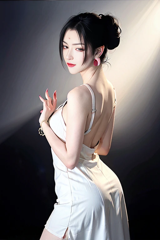 Narrow eyes, 1 girl, all white, expressionless, short hair, short hair, forehead, relief, black hair, short hair, solo, cowgirl, transparent one-piece, ((voluptuous breasts)), narrow slit eyes, black eyes, sparkling light Eyes, black hair, gloves, dress, luxurious jewelry, earrings, piercing eyes, elbow grooves, hands raised and hair tied back, random color, random color mesh dress, long eye makeup, narrow eyes, smile, lipstick, intricate petals Pattern, rim light, backlight, pastel color, studio lighting