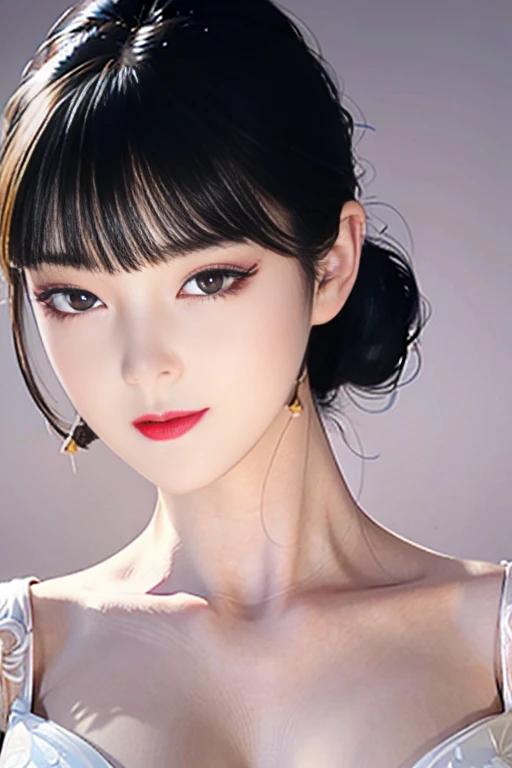 Narrow eyes, 1 girl, all white, expressionless, short hair, short hair, forehead, relief, black hair, short hair, solo, cowgirl, transparent one-piece, ((voluptuous breasts)), narrow slit eyes, black eyes, sparkling light Eyes, black hair, gloves, transparent dress, luxurious jewelry, earrings, piercing eyes, elbow grooves, hands raised and hair tied back, random color mesh dress, long eye makeup, squinted eyes, smile, lipstick, complex petal pattern, Rim light, backlight, pastel color, studio lighting