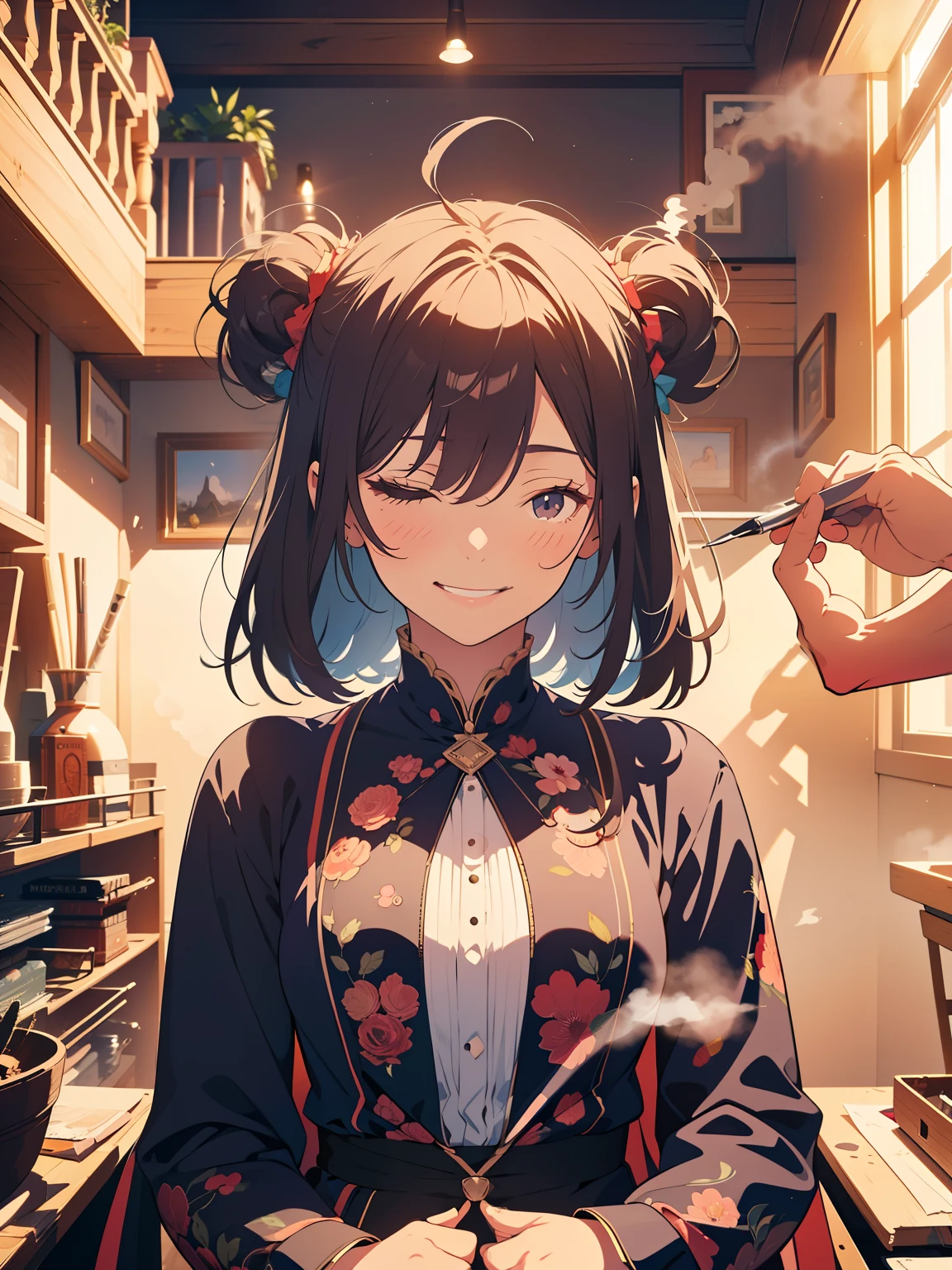 (masterpiece), (best quality), (ultra-detailed), (best illustration), (best shadow), (absurdres), Female, 25 years old, steam, half closed eyes, light smile,