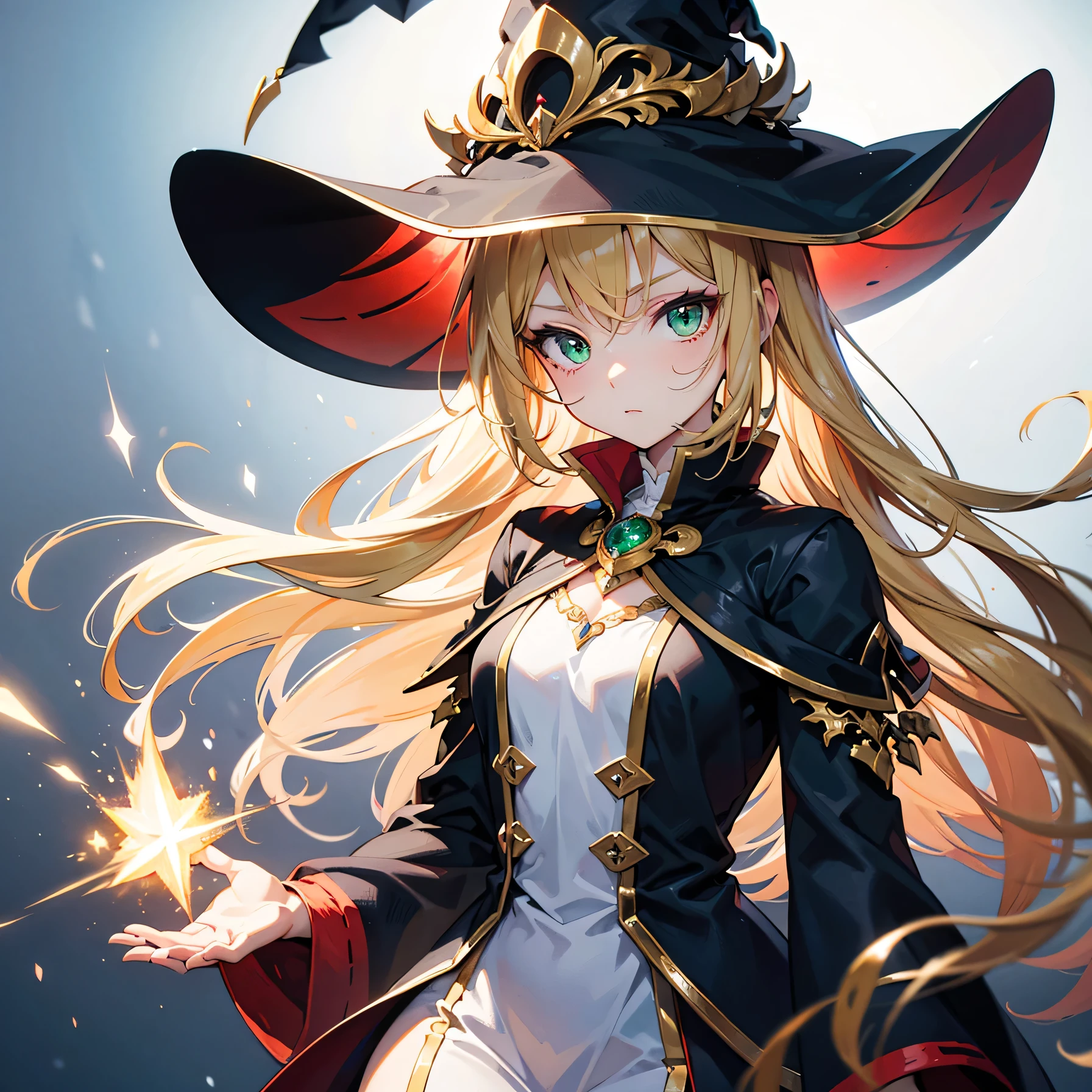 Anime Moe Art Style,highest quality,High resolution,Anatomically correct,One Woman,Twenty years old,Blonde,Super long hair,Straight Hair,Green Eyes,Super detailed,Fantasy Style,witch,White hat with gold trim,White cloak with gold trim,Red lining,Black long dress,Medium sized breasts,Cold look,Raised eyebrows,Sharp Eye,One hand outstretched in front,Magical power emanates from his hands,8K