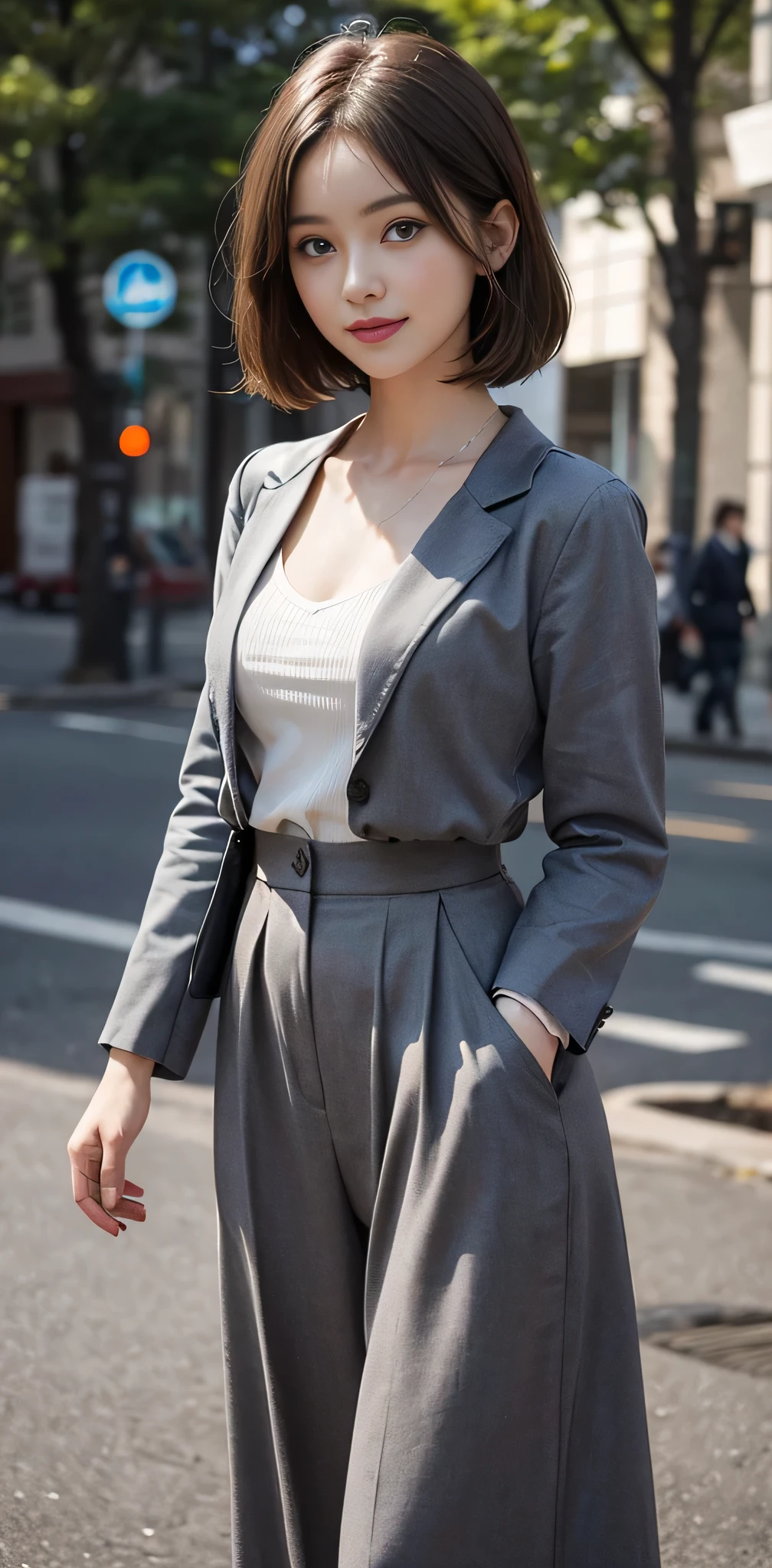 RAW photo, bokeh, (Lifelike face), smiled slightly, best quality, HDR, (photorealistic:1.7), full body portrait, sharp outline, romantic, uniform, culottes, delicate face, short brown hair fluttering in the wind, 20-year-old girl, slim figure, small bust, cleavage of the breast, charisma, glamorous, standing tall.