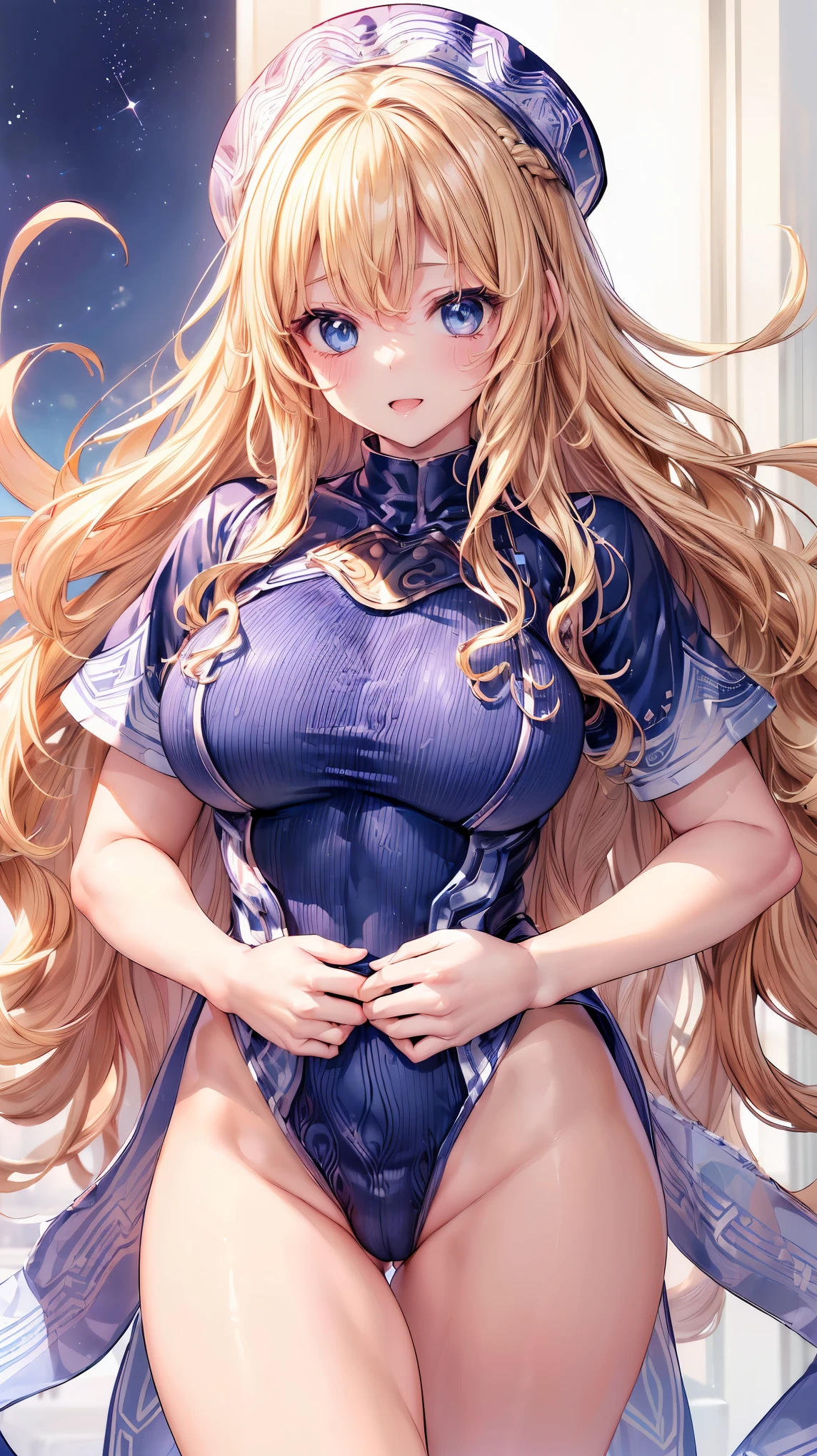 (Adult women:1.5)、Very detailed、highest quality、Best image quality、masterpiece、8k、Anime Face、A kind smile、(Open your mouth:1.3)、Sparkling blue eyes、(Blonde Wavy Hair:1.5)、、Muscles of the whole body、(High leg:1.5)、Thigh belt、(Wearing a leotard:1.5)、(Cowboy Shot:1.5)、SFW Giant、(Put your hands on your hips)