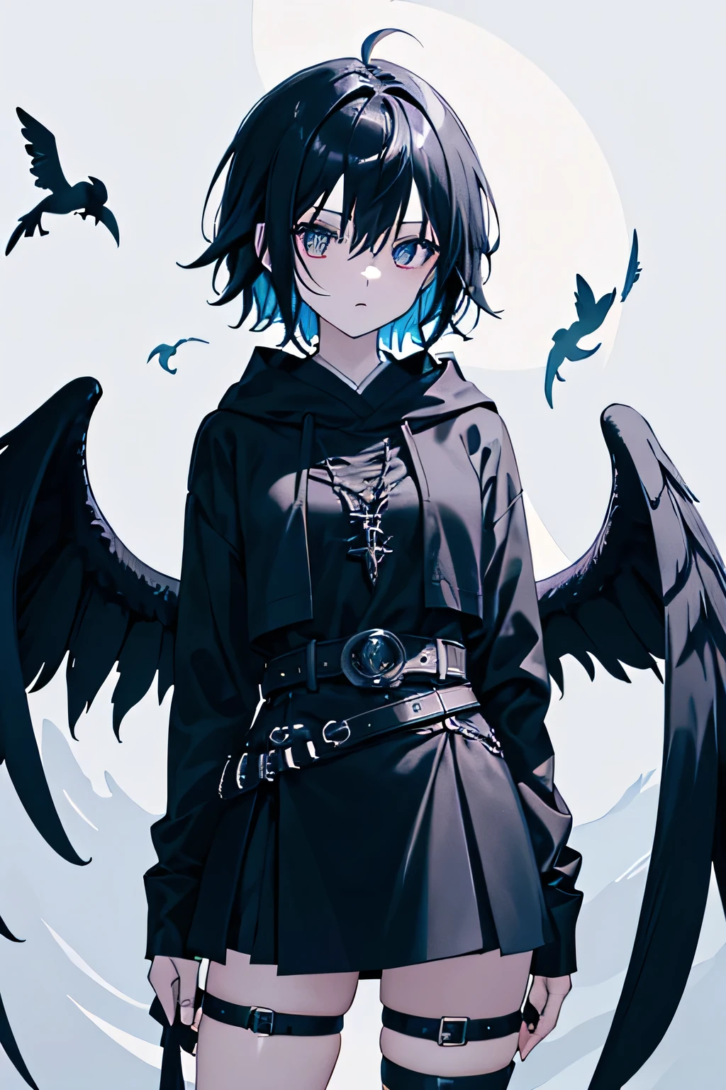 Gothic Harpie Black Hair The inside of the hair is blue Fleeting Bird legs Belt on torso Black hood Character portrait whole body Japanese anime hand drawn illustration