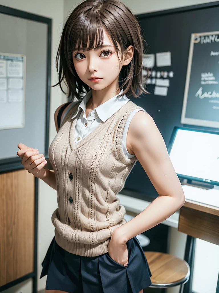 Masterpiece, Top Quality, Top Mikoto, brown eyes, short hair, small breasts, looking at viewer, alone, closed mouth, collared shirt, beige knit vest, dark blue  Skirt, school_uniform, shirt, white_shirt, classroom,Masterpiece, highest quality, 8K, detailed skin texture, fine cloth texture, beautiful detailed face, intricate details, super detailed,cute,cute posing,composition that shows the whole body,