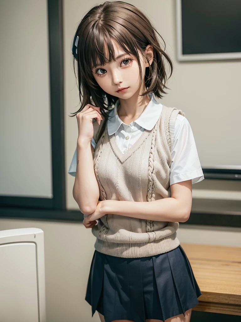 Masterpiece, Top Quality, Top Mikoto, brown eyes, short hair, small breasts, looking at viewer, alone, closed mouth, collared shirt, beige knit vest, dark blue  Skirt, school_uniform, shirt, white_shirt, classroom,Masterpiece, highest quality, 8K, detailed skin texture, fine cloth texture, beautiful detailed face, intricate details, super detailed,cute,cute posing,composition that shows the whole body,