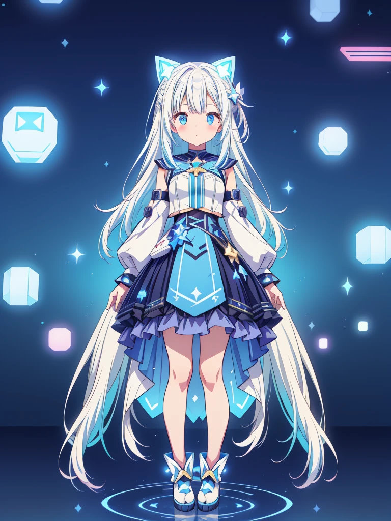Star Fairy、cyber punk、simple background、kawaiitech、vtuber-fullbody、Milky white straight long hair with blue inner color、