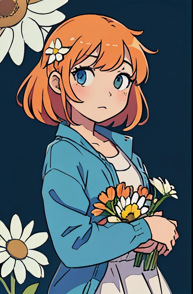 Perfect anime illustration of a girl, posing with flowers in background,holding daisies,pretty