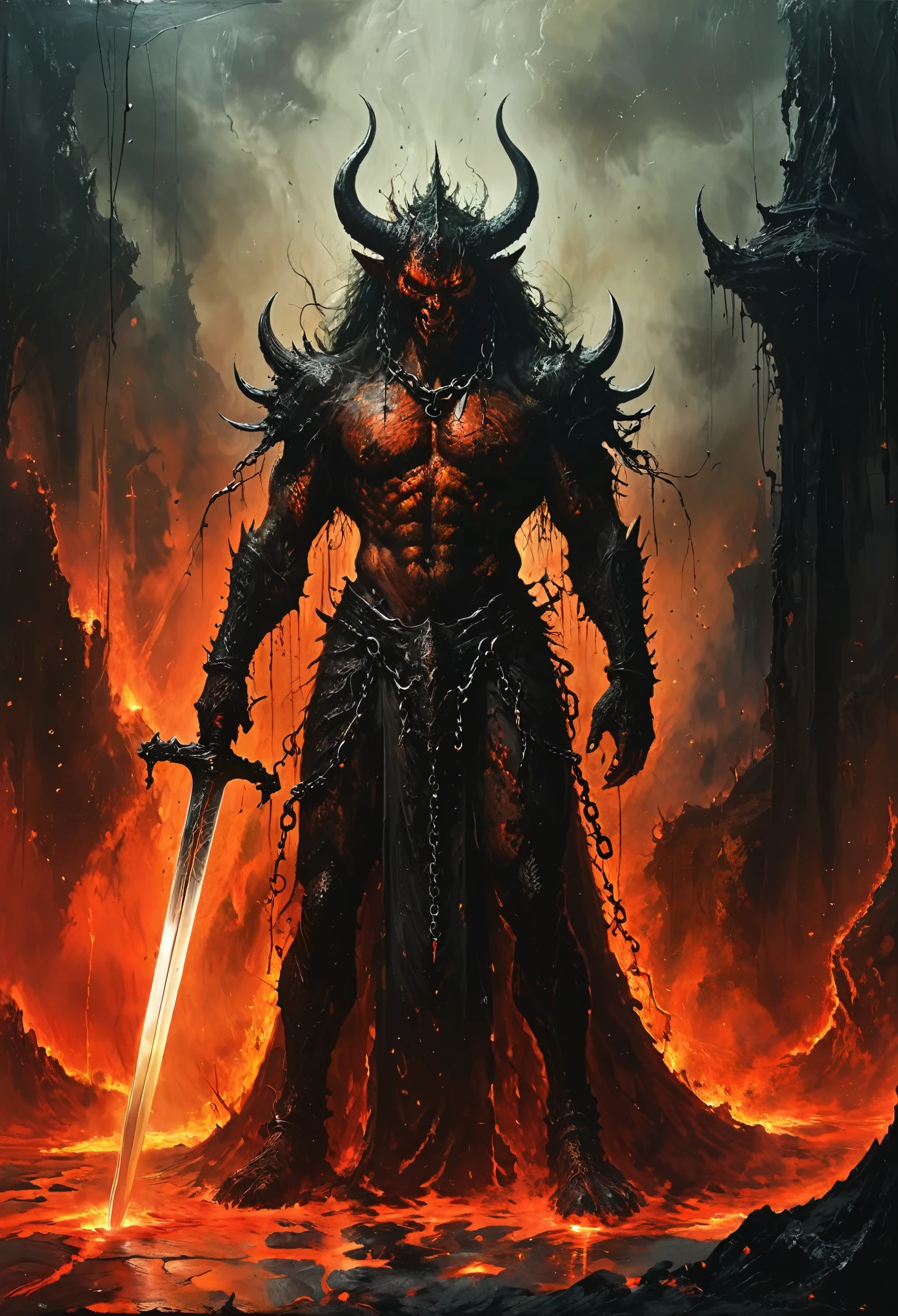 Lava Demon，Holding a long sword，Hell and the court-room are always open.Bride，iron chain; shackles