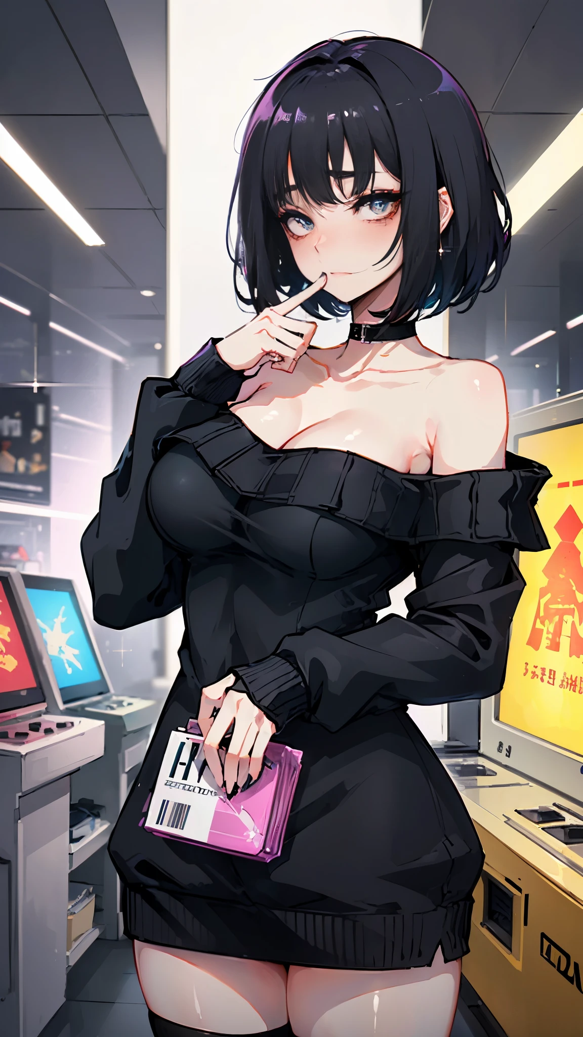 Cinematic lighting、(key light:Front diagonal 45 degrees, fill light、Faint Backlight、shadow), accurate human body、detailed person、Correct five-finger、RAW photo、 4K - ultra-vivid、highest quality, masterpiece, ultra high resolution, (reality: 1.4),
(((oil skin,sparkling skin、realistic skin texture、detailed beautiful skin、shiny skin、shiny skin)))、
upper body shot, camera angle is low, Depth of the bounds written, Focus on the center, fine eyes, perfect face and eyes、
At the amusement arcade, game console, game machine,
girl, short bob black hair, , black Hoodie with pockets, plaid miniskirt, purple collar, black face mask, piercing,
big breasts, slender, standing , naughty,
zettai ryouiki, absurd resolution, absurd detailed, best quality, (((big breasts))), grab your chest、shake、(moving line, motion blur), (((Lightweight off-the-shoulder sweater)))、White skin、(((Bitch、sexy bitch、Super heavy makeup,ga yaru makeup)))、full shot, (Ahegao:0.5)