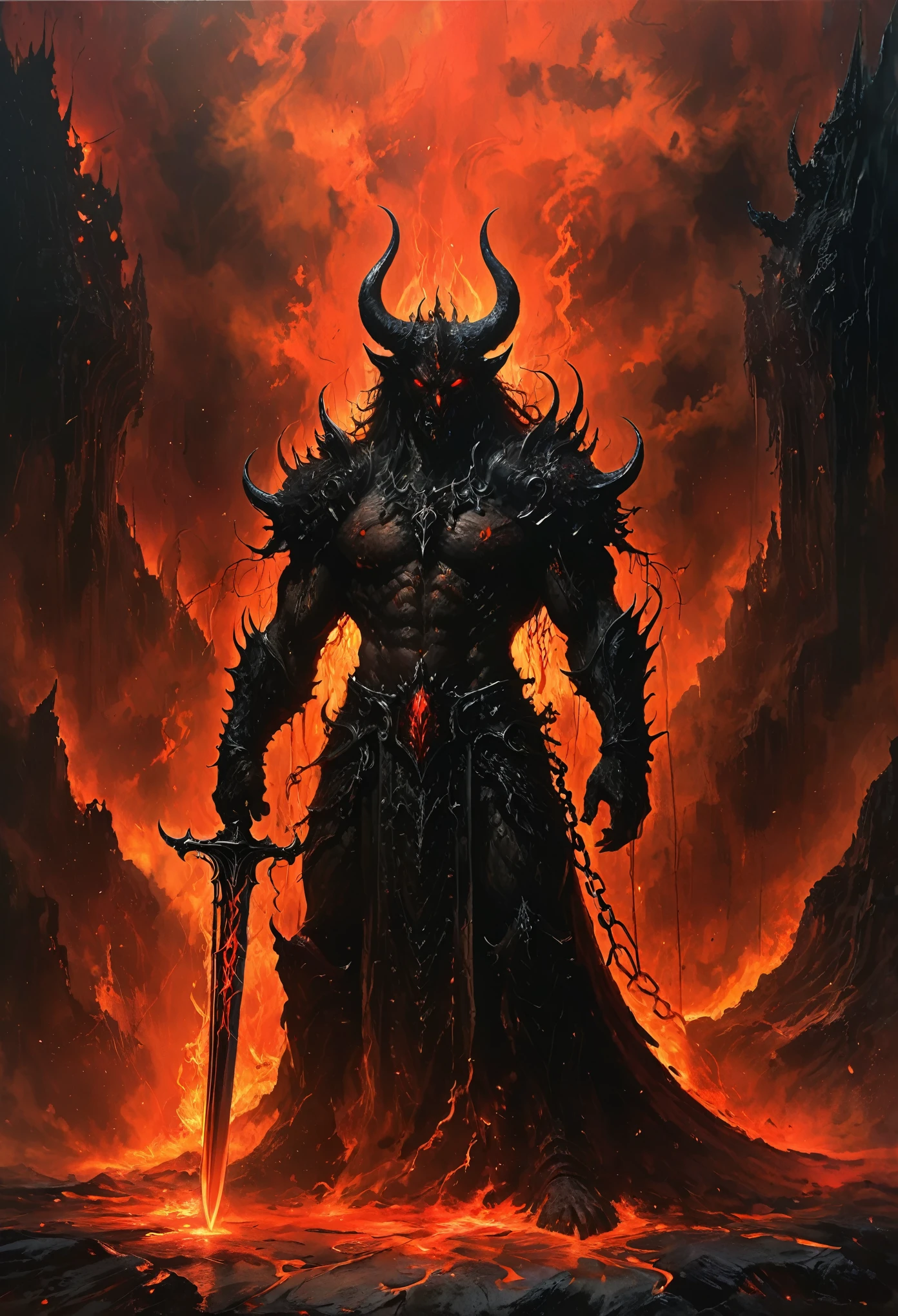 Lava Demon:1.37,Holding a long sword,court-room,Hell,Bride,iron chain,shackles,dark ominous atmosphere,molten lava,fiery red eyes,muscular demon body,demonic horns,smoke and flames,dark shadows,glowing sword,ominous glowing ruins,eerie red lighting,gloomy and unsettling,majestic and intimidating,ominous presence,heat and smoke,molten rock and lava streams,ominous design of the court-room,ominous symbols and sigils,ominous and foreboding,ominous whispers of the dammed,crimson and black color scheme,intense heat and fire,ominous throne,menacing aura,demonic energy coursing through the demon's veins,mysterious darkness.