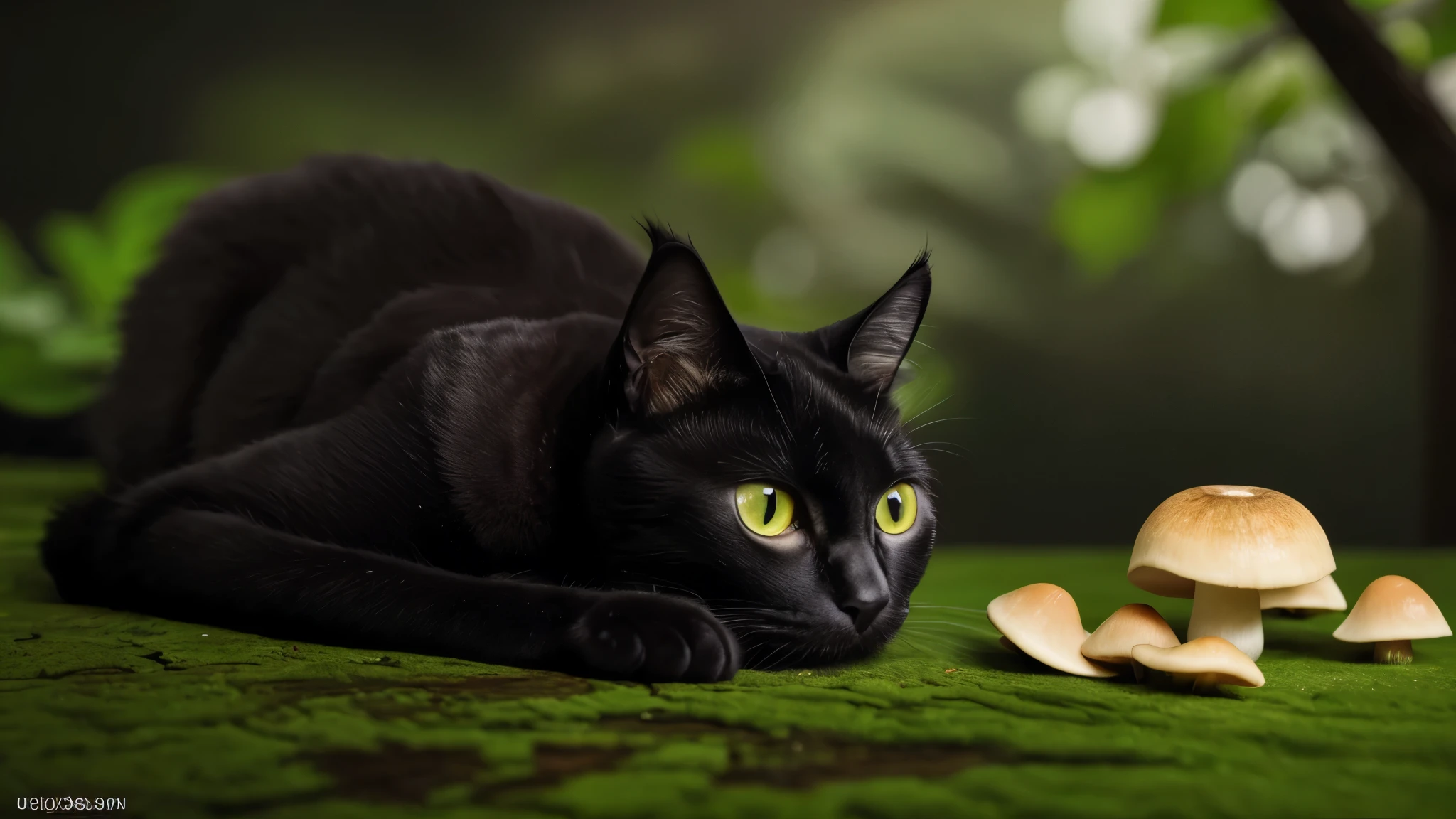 (best quality,highres),(best quality,4k,8k,highres,masterpiece:1.2),ultra-detailed,(realistic,photorealistic,photo-realistic:1.37),A cat eating a green mushroom,[illustration,photo-realistic],detailed cat with beautiful eyes,adorable expression,lush green garden background,delicate mushroom with unique texture,vibrant colors,soft lighting,a black cat