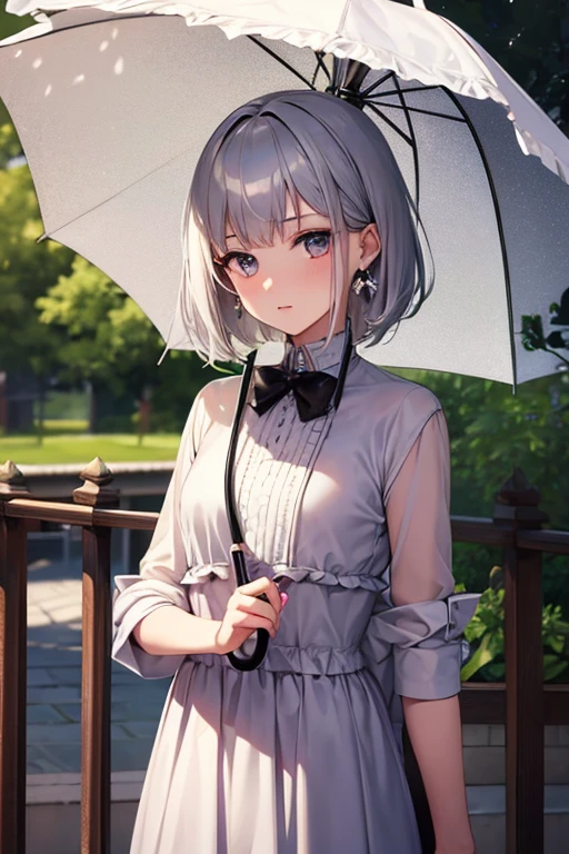 cute, masterpiece, highest quality, One girl, alone, Silver Hair, Small earrings Short hair, Casual umbrella,outside,it's raining,office Street,People passing by,Artistic,Illustrated,