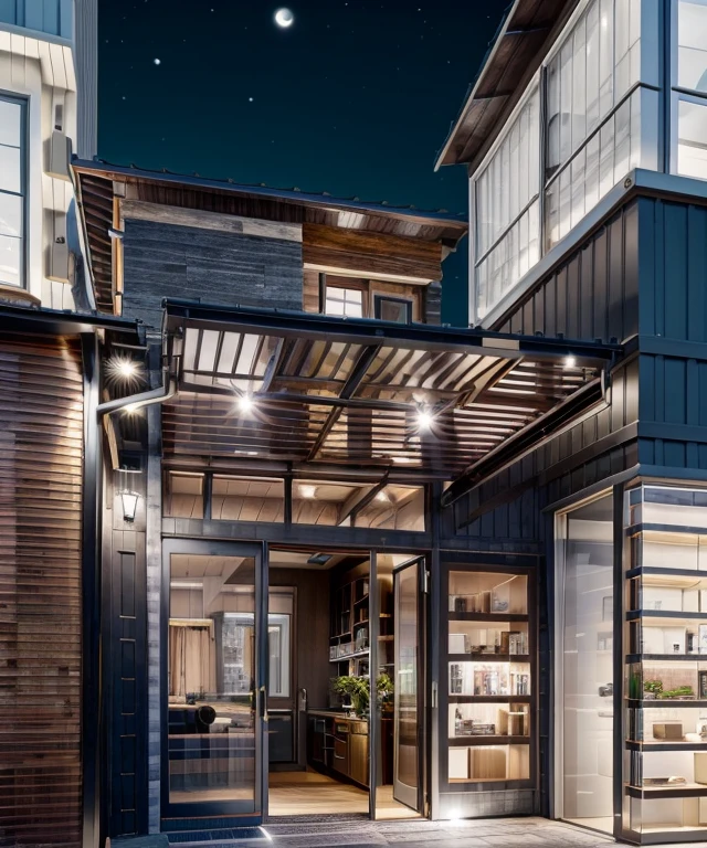 modern luxury MINI HOUSE, coconut trees, greenery landscape, in the center of city, crowded people, clear sky, night time, warm lighting RAW Photo, RAW texture, Super Realistic, 32K UHD, DSLR, soft lighting, high quality, film rating, Fujifilm XT3