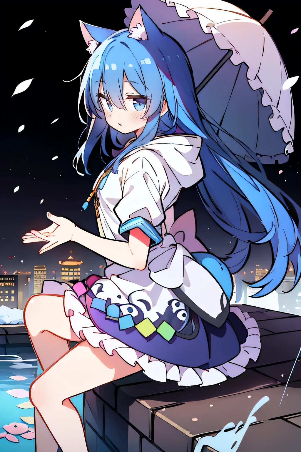 （masterpiece：1.2），Super detailed，lifelike，Expressive eyes，fair skin，perfect face shape，1 girl，
Japanese comics,Gorgeous blue hair,flowing blue hair,flowing clothes,Cat ears,Petals fall,beautiful lola,Baby Angel,
Shaking head with one hand，Cross your legs，Gentle and peaceful background，The pavilion is cool and comfortable,smile, wearing hoodie, background of tokyo,back views,snowing, winter.