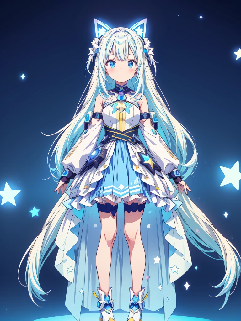 Star Fairy、cyber punk、simple background、kawaiitech、vtuber-fullbody、Milky white straight long hair with blue inner color、