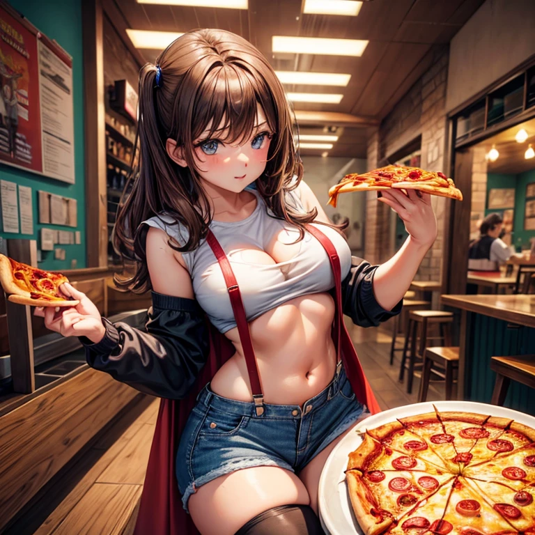 Brown-haired girl wearing a cape eating pizza at a pizza parlor　Wearing sneakers　High leg shorts with suspenders　Large Breasts　Showing her belly button　Ultra low rise　Knee-high socks　The cola is on the table　I can see your pants　Tube top　