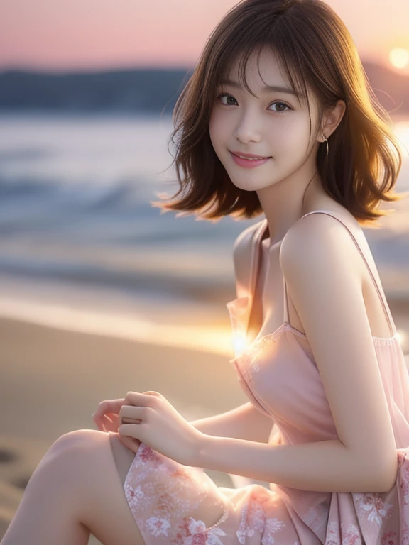 Photo-realistic quality、A Japanese woman in her fifties sitting on the beach wearing a sheer pale pink camisole and miniskirt, Thin shoulder straps、Beautiful Japanese Girl, Short hair, Gorgeous Young Japanese Woman, Beautiful young Japanese woman, Soft sunset lighting, Beautiful soft lighting, Girl cute beautiful smile,A soft and gentle look、Slightly large breasts、Detailed and beautiful eyes、looking at the camera、The Sinking Sun