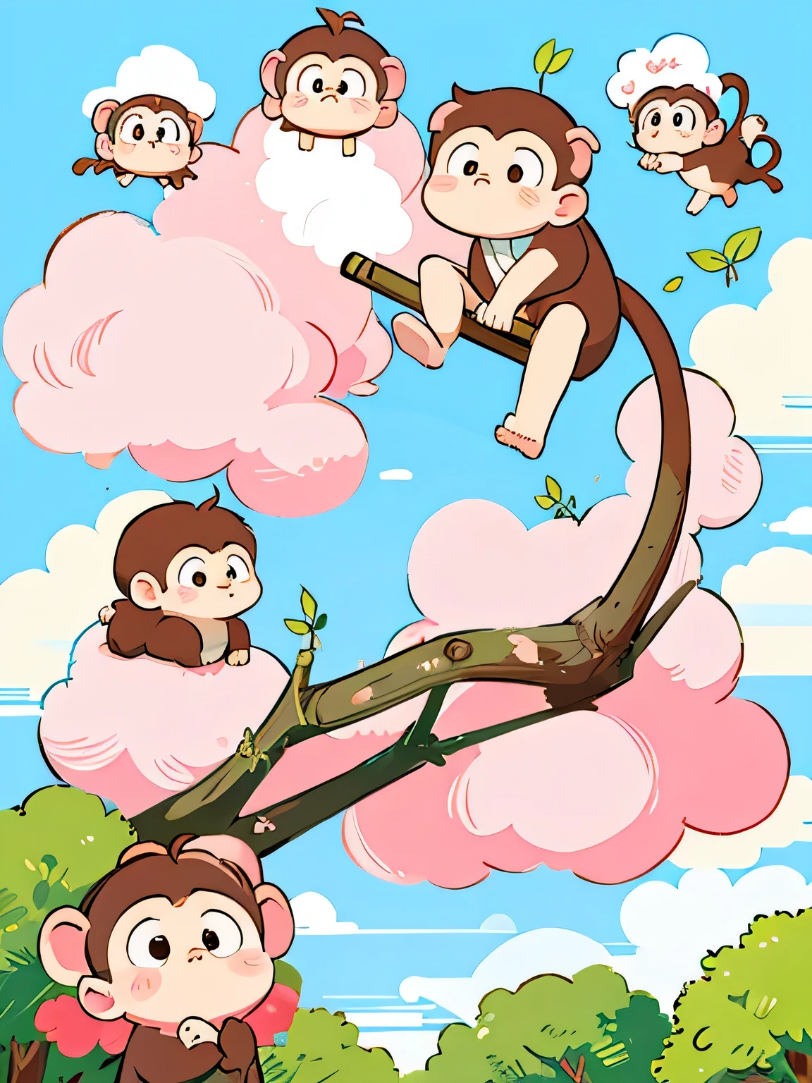Momoko Sakura style, Kawaii Design, Chibi, (((on the Clouds))), monkeys, monkey Forest