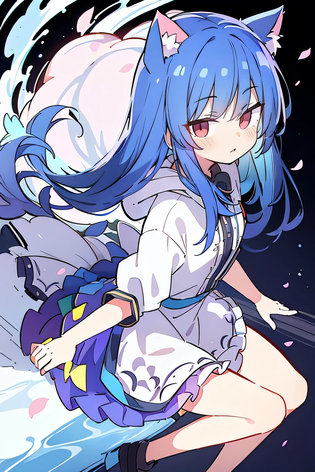 (masterpiece:1.2),Super detailed,lifelike,Expressive eyes,fair skin,perfect face shape,1 girl,
Japanese comics,Gorgeous blue hair,flowing blue hair,flowing clothes,Cat ears,Petals fall,beautiful lola,Baby Angel,
Shaking head with one hand,Cross your legs,Gentle and peaceful background,The pavilion is cool and comfortable,smile, wearing hoodie, background of tokyo,back views,snowing, winter.