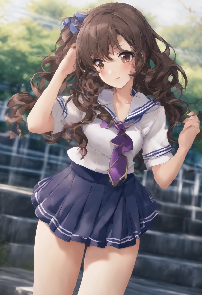 (best quality, 4k, 8k, high resolution, masterpiece: 1.2), ultra detailed, (realistic, photorealistic, photorealistic: 1.37), (best quality, realistic),
image of a woman (girl (looking like Mayte Michelle Rodriguez:1.3),
breasts(very, very large,((large breasts:1.4)),
beautiful detailed eyes and face, white jabot, brown eyes,
beautiful detailed eyes, ((face is flushed:1.4))
((hair (brown:1.2), curly, flowing, )) ,
skirt
( ((Japanese school uniforms:1.4)) ,
extremely short (very tight, close to the body, showing the curves of the body, (extremely transparent: 1.5),
  ((panty shot:1.5)) ((high school)),((dark blue skirt:1.3))
),
very low neckline,
waist (
(up), (wide, stocky), (High:1.4)),(High:1.4)),
  (narrow, cowboy shot)),
flowers blooming in the background, vibrant colors, soft natural lighting, elegant and graceful pose, ((fine_fabric:1.4))
((random sexy pose:1.3))
((sweaty:1.5))
  ((close up:1.2))
best quality,artwork,ultra high resolution,(photorealistic:1.4),raw photo,(authentic skin texture:1.3),(film grain:1.3),panorama,character portrait,very wide shot,(in the dark , deep shadow, subtle, cold light,) night, shedding tears, powder, tyndall effect, (expression)((whole body:1.3)) ((smile:1.3))
leaning against a pole, cold atmosphere,Cinematic, excellent lighting), raw style, garden background, natural lighting, subtle shadows, expressive face, standing posture, fresh and vibrant colors, hair flowing with movement, airy and light atmosphere, inspiring and vibrant strengthening. - raw style