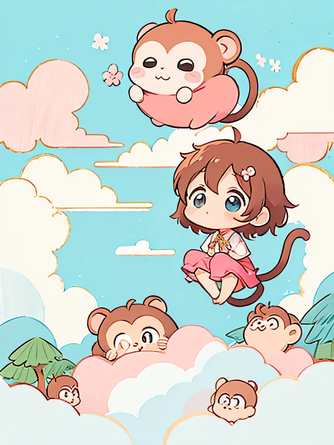 Momoko Sakura style, Kawaii Design, Chibi, (((on the Clouds))), monkeys, monkey Forest