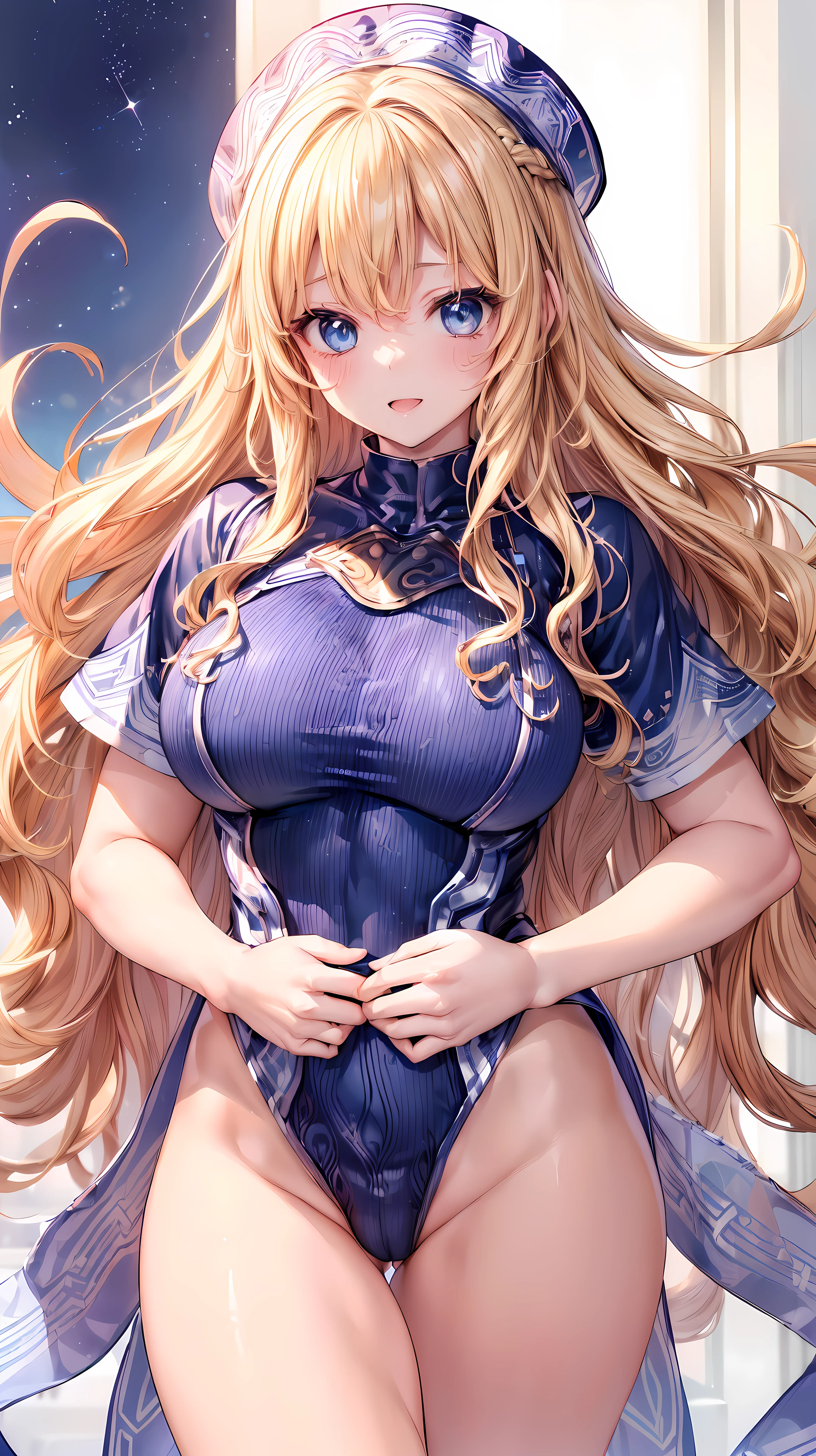 (Adult women:1.5)、Very detailed、highest quality、Best image quality、masterpiece、8k、Anime Face、A kind smile、(Open your mouth:1.3)、Sparkling blue eyes、(Blonde Wavy Hair:1.5)、、Muscles of the whole body、(High leg:1.5)、Thigh belt、(Wearing a leotard:1.5)、(Cowboy Shot:1.5)、SFW Giant、(Put your hands on your hips)
