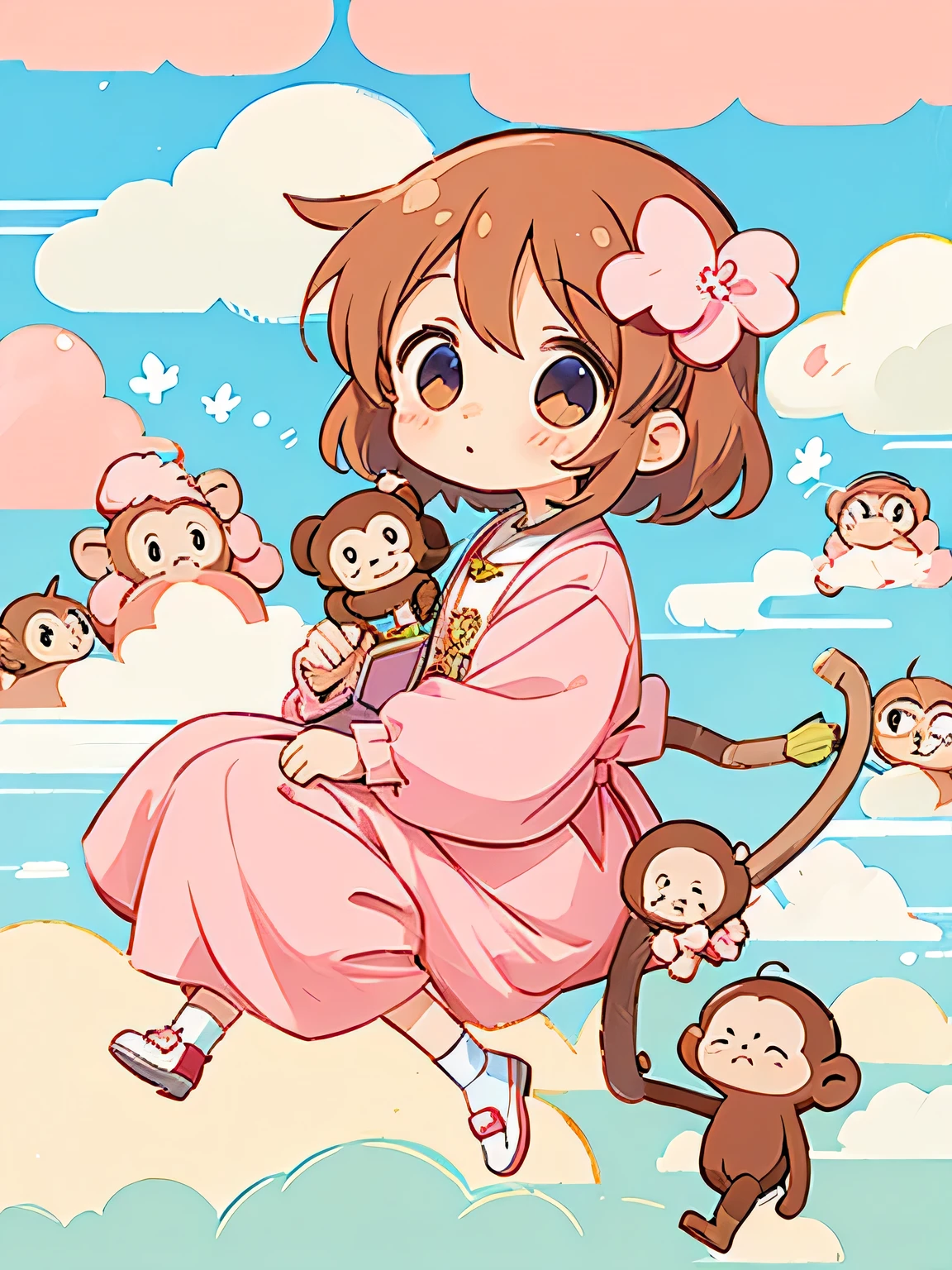 Momoko Sakura style, Kawaii Design, Chibi, (((on the Clouds))), monkeys, monkey Forest