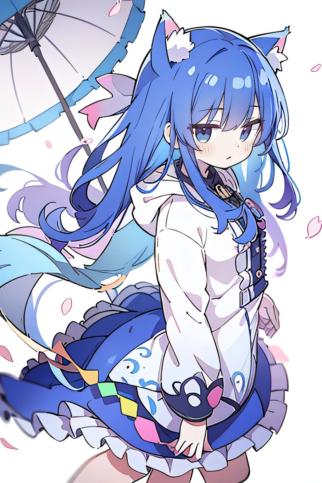 （masterpiece：1.2），Super detailed，lifelike，Expressive eyes，fair skin，perfect face shape，1 girl，
Japanese comics,Gorgeous blue hair,flowing blue hair,flowing clothes,Cat ears,Petals fall,beautiful lola,Baby Angel,
Shaking head with one hand，Cross your legs，Gentle and peaceful background，The pavilion is cool and comfortable,smile, wearing hoodie, background of tokyo,back views,snowing, winter.