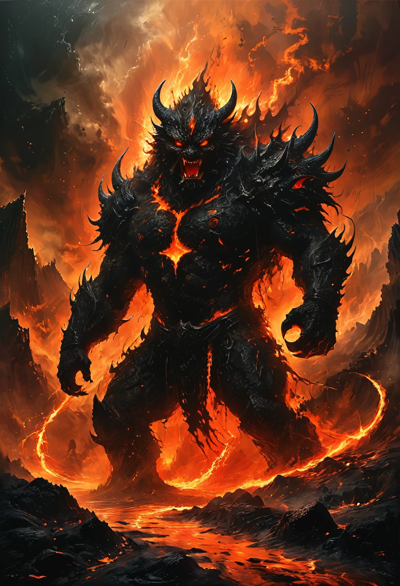 Nightfall，The sky over the lava field was shrouded in darkness，Only the hot lava burning on the lava demon and the dark flames glowed in the darkness.。This giant demon is clad in lava armor.，Every rock is shining with high temperature light，It feels like the whole body is on fire。

Sudden，The lava demon let out a heart-shaking lava roar.，The sound is like thunder，Echoing across the lava fields，It's scary。Its flaming claws swung out，Instantly tearing apart the rocks ahead，Flames splattered，As if to burn everything。

at the same time，The demonic roar of the lava demon echoes in the night sky，It makes people feel endless fear。Its sights are locked on a distant expedition team.，The flames of destruction flash in his eyes，It seems to devour all these intruders.。

The explorers looked at the huge lava demon in horror.，They felt a despair they had never felt before.。However，Just when they were about to give up resistance，A ray of light fell from the sky，A fierce battle with the lava demon。

This scene is full of exciting atmosphere，The horror and power of the lava demon are fully demonstrated。The audience felt as if they were there，Feel the fear and shock brought by the lava demon。