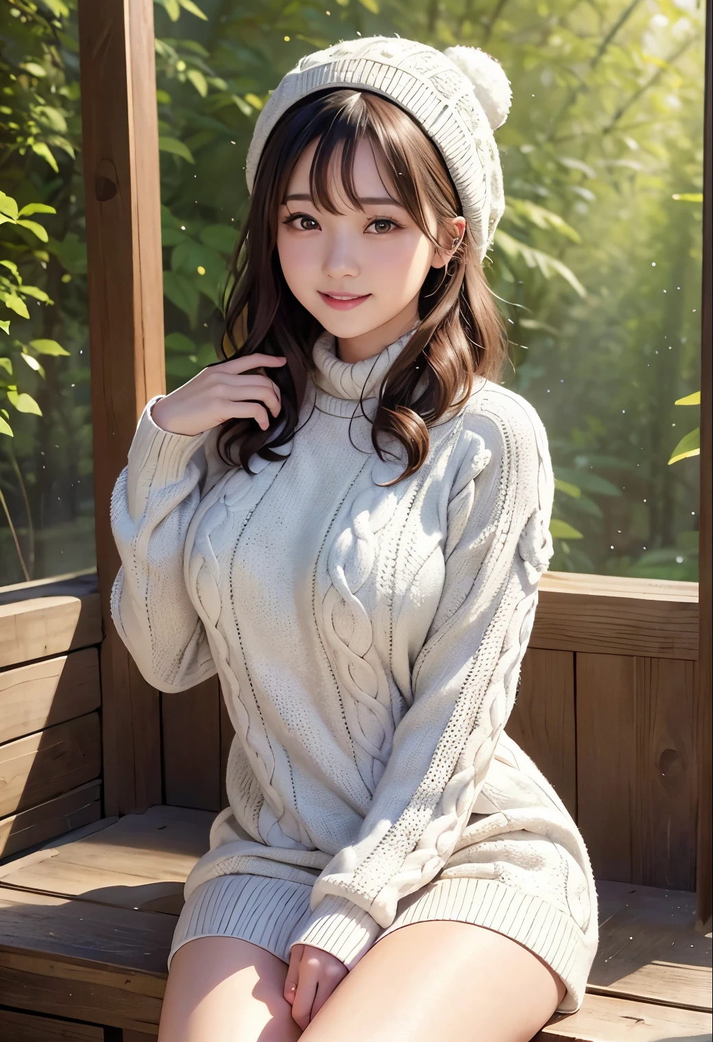 (highest quality,masterpiece:1.3,Ultra-high resolution),(Very detailed、Caustics) (Realistic:1.4, RAW shooting、)Ultra-Realistic Capture、Very detailed、Natural skin texture、masterpiece、(1 Japanese girl wearing a long cable knit sweater:1.3)、Adorable expression、Expressions of Happiness、、Young Face、Amazingly cute、Knitted hat、Curly Hair、Black Hair、light makeup、Busty and bursting、Shining thighs、Shooting in the winter forest、smile、An inviting gaze、Cowboy Shot、Anatomically correct、Attention to detail、