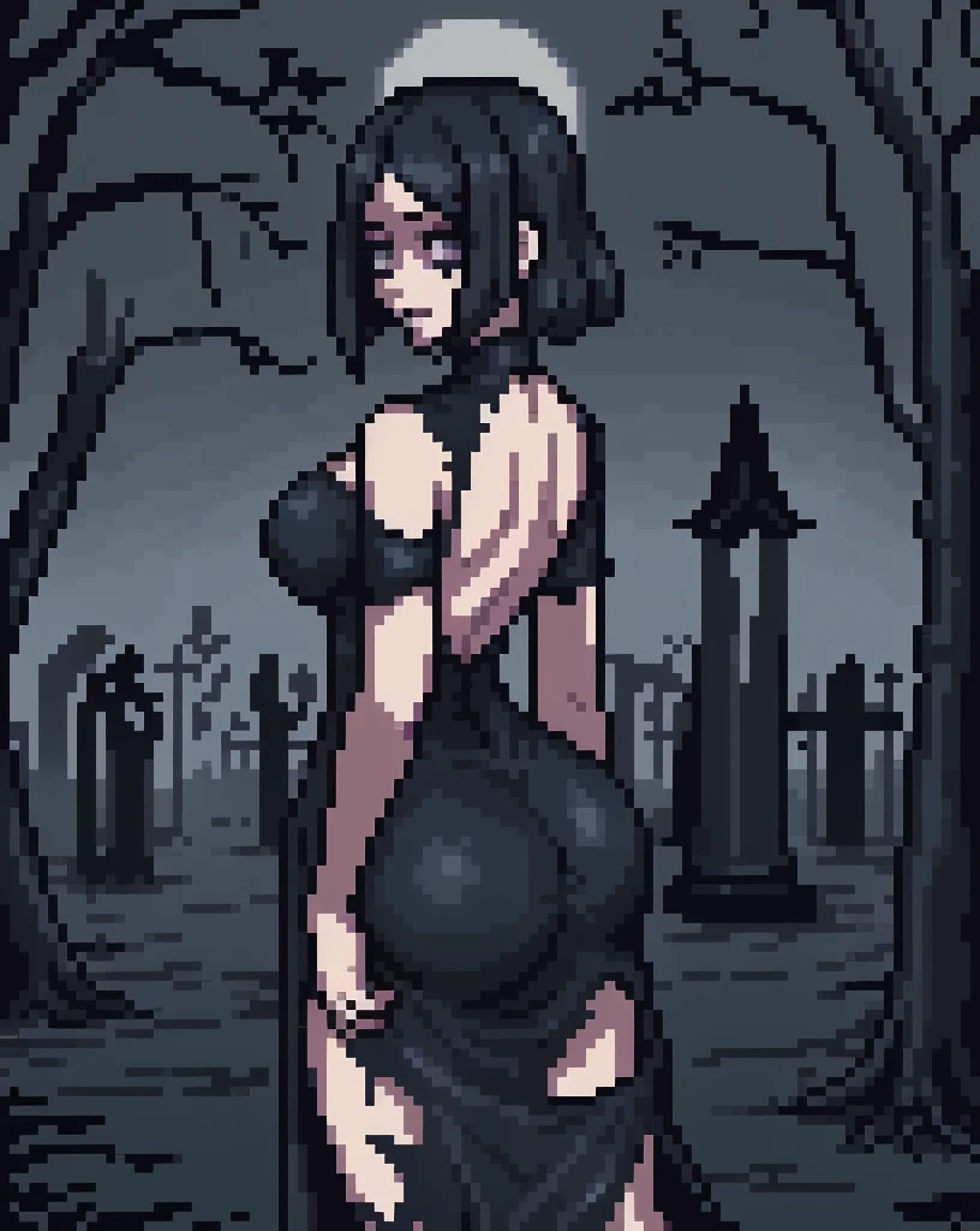 Beautiful mysterious sophisticated gothic girl posing for a photo, back to camera, Curvy butt, in a torn sexy dress, nice light and shadow, with a Gothic cemetery in the background , night, creepy atmosphere, Grey eyes, black dress