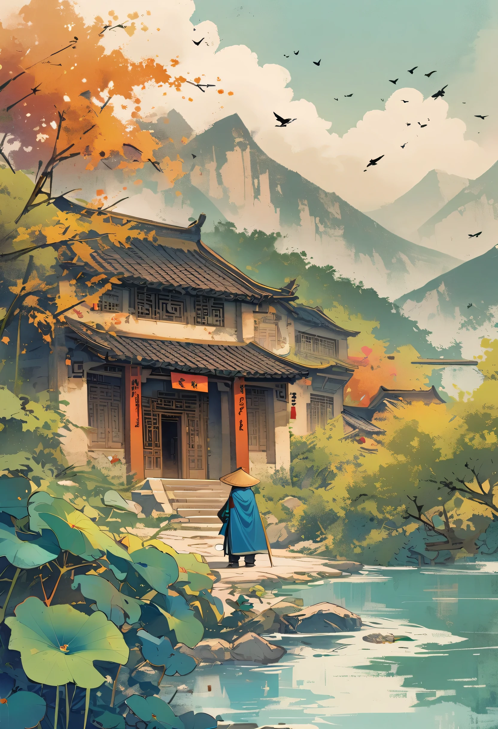 A Chinese knight stands on the top of a mountain，Looking towards Black Wind Mountain，At the foot of the mountain is a river and mulberry trees all over the mountain.，The hero is the back，Wearing a bamboo hat，Wear a cape，The cloak flutters in the wind，The style is game style or retro Chinese style