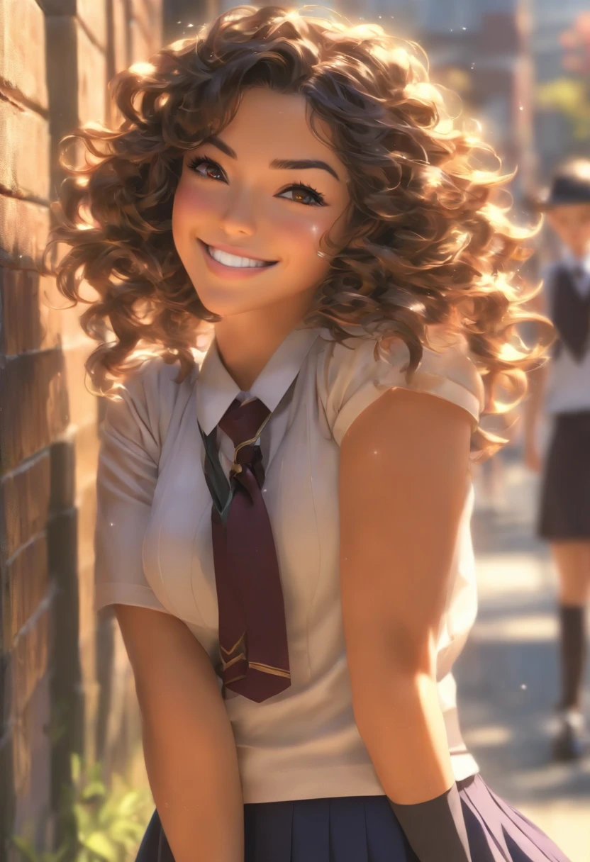 (best quality, 4k, 8k, high resolution, masterpiece: 1.2), ultra detailed, (realistic, photorealistic, photorealistic: 1.37), (best quality, realistic),
image of a woman (girl (looking like Mayte Michelle Rodriguez:1.3),
breasts(very, very large,((large breasts:1.4)),
beautiful detailed eyes and face, white jabot, brown eyes,
beautiful detailed eyes, ((face is flushed:1.4))
((hair (brown:1.2), curly, flowing, )) ,
skirt
( ((Japanese school uniforms:1.4)) ,
extremely short (very tight, close to the body, showing the curves of the body, (extremely transparent: 1.5),
  ((panty shot:1.5)) ((high school)),((dark blue skirt:1.3))
),
very low neckline,
waist (
(up), (wide, stocky), (High:1.4)),(High:1.4)),
  (narrow, cowboy shot)),
flowers blooming in the background, vibrant colors, soft natural lighting, elegant and graceful pose, ((fine_fabric:1.4))
((random sexy pose:1.3))
((sweaty:1.5))
  ((close up:1.2))
best quality,artwork,ultra high resolution,(photorealistic:1.4),raw photo,(authentic skin texture:1.3),(film grain:1.3),panorama,character portrait,very wide shot,(in the dark , deep shadow, subtle, cold light,) night, shedding tears, powder, tyndall effect, (expression)((whole body:1.3)) ((smile:1.3))
leaning against a pole, cold atmosphere,Cinematic, excellent lighting), raw style, garden background, natural lighting, subtle shadows, expressive face, standing posture, fresh and vibrant colors, hair flowing with movement, airy and light atmosphere, inspiring and vibrant strengthening. - raw style