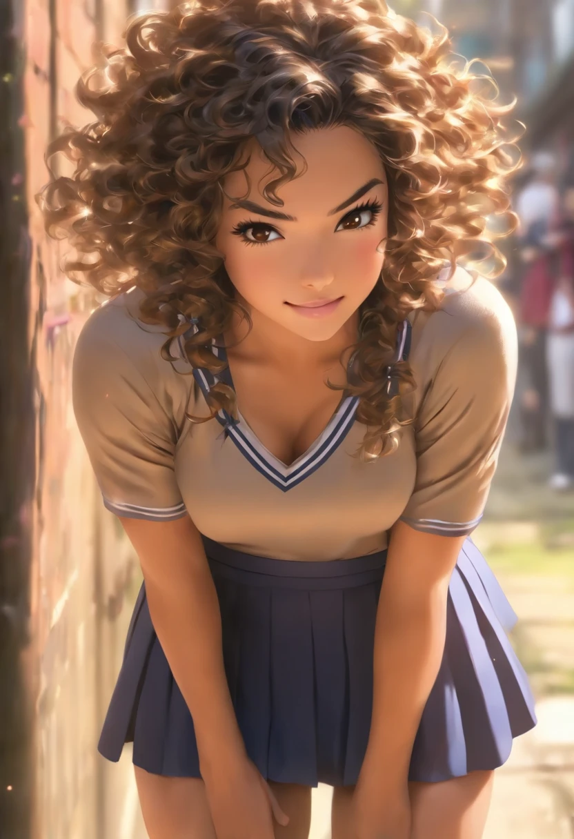 (best quality, 4k, 8k, high resolution, masterpiece: 1.2), ultra detailed, (realistic, photorealistic, photorealistic: 1.37), (best quality, realistic),
image of a woman (girl (looking like Mayte Michelle Rodriguez:1.3),
breasts(very, very large,((large breasts:1.4)),
beautiful detailed eyes and face, white jabot, brown eyes,
beautiful detailed eyes, ((face is flushed:1.4))
((hair (brown:1.2), curly, flowing, )) ,
skirt
( ((Japanese school uniforms:1.4)) ,
extremely short (very tight, close to the body, showing the curves of the body, (extremely transparent: 1.5),
  ((panty shot:1.5)) ((high school)),((dark blue skirt:1.3))
),
very low neckline,
waist (
(up), (wide, stocky), (High:1.4)),(High:1.4)),
  (narrow, cowboy shot)),
flowers blooming in the background, vibrant colors, soft natural lighting, elegant and graceful pose, ((fine_fabric:1.4))
((random sexy pose:1.3))
((sweaty:1.5))
  ((close up:1.2))
best quality,artwork,ultra high resolution,(photorealistic:1.4),raw photo,(authentic skin texture:1.3),(film grain:1.3),panorama,character portrait,very wide shot,(in the dark , deep shadow, subtle, cold light,) night, shedding tears, powder, tyndall effect, (expression)((whole body:1.3)) ((smile:1.3))
leaning against a pole, cold atmosphere,Cinematic, excellent lighting), raw style, garden background, natural lighting, subtle shadows, expressive face, standing posture, fresh and vibrant colors, hair flowing with movement, airy and light atmosphere, inspiring and vibrant strengthening. - raw style