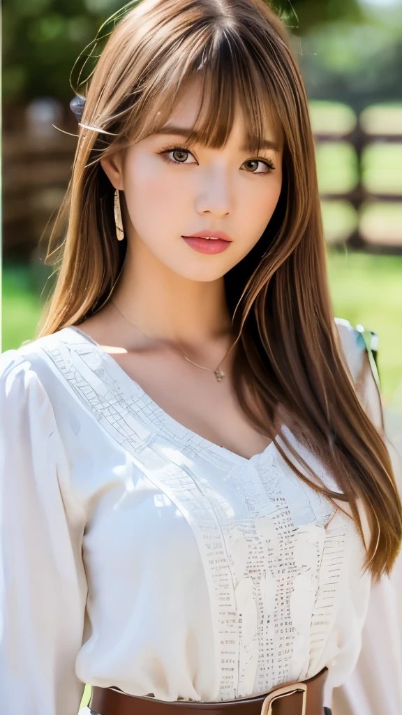 Best quality, 8k, ,Masterpiece :1.3)), facing viewer,((full body1.2)) ,pretty woman, wide shot ,1girl, , selfie , , Ranch, brown hair , bangs,ultra-detailed face, highly detailed lips, detailed eyes, double eyelid