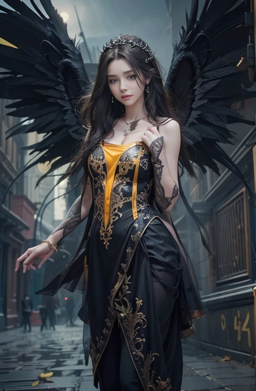 (masterpiece:1.3), (8k, Photorealistic, Raw photo, Best image quality: 1.4), Fair-skinned fairy woman、long Hair blowing、Hair flowing in the wind、Cleavage:2.0、Super detailed face、Attention to detail、double eyelid、Put your chest together、Sharp focus:1.2、Beautiful woman:1.4、 brunette hair、highest quality、masterpiece、超A high resolution、(Photorealistic:1.4)、Highly detailed and professionally lit smile, gothic costume、dark street ,Shoulder out、thin、Serious expression、black Goth Fashion：1.2 , Short-haired、Deadly position, gorgeous necklace , one person、whole body, Enormous black angel wings from the latissimus dorsi、rainy , yellow eye、2 hands, perfect fingers.