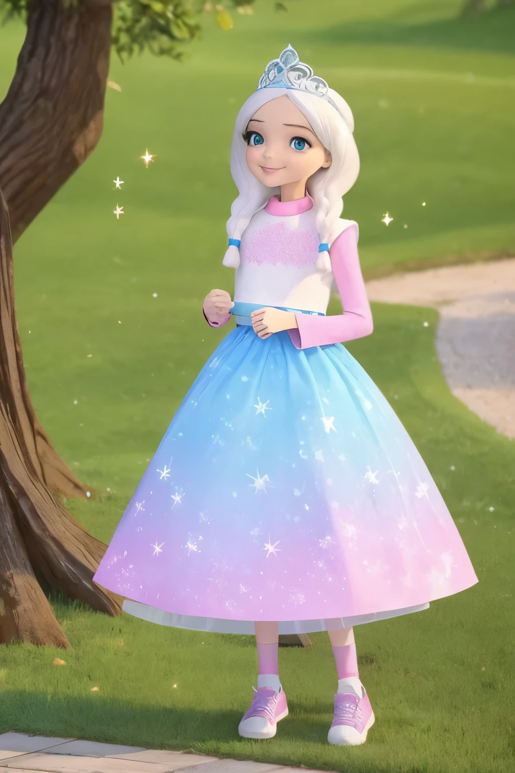 (masterpiece:1.2, best quality), girl with white hair and a tiara stands on a green hill., She wears a white t-shirt with a pink pattern, a blue skirt with pink and white stars, and purple sneakers., She has a blue background.
