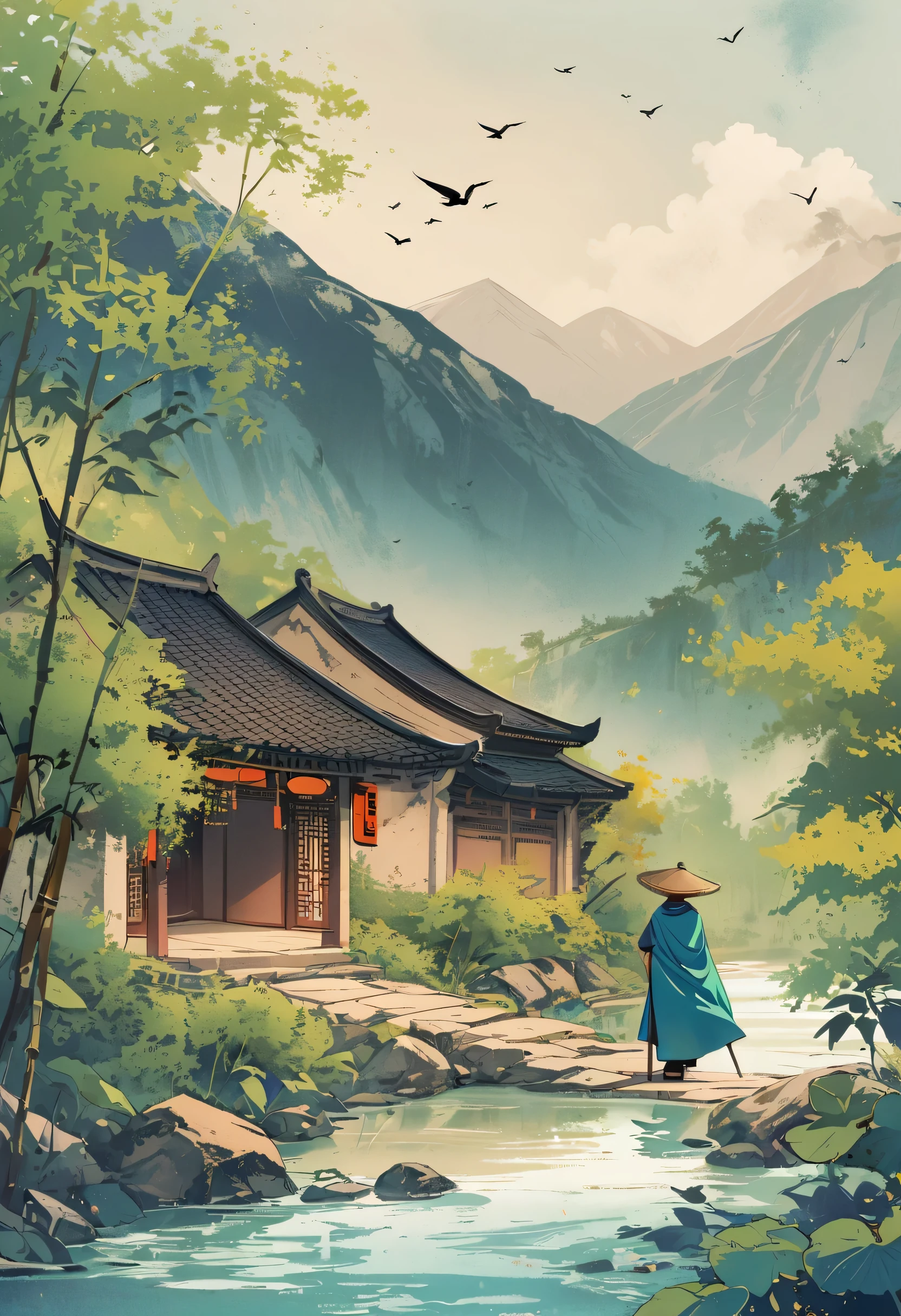 A Chinese knight stands on the top of a mountain,Looking towards Black Wind Mountain,At the foot of the mountain is a river and mulberry trees all over the mountain.,The hero is the back,Wearing a bamboo hat,Wear a cape,The cloak flutters in the wind,The style is game style or retro Chinese style