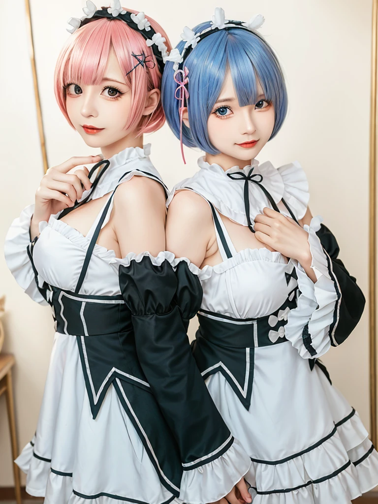 (8K, Photorealistic, Raw photo, of the highest quality: 1.3), (1girl in), Super beautiful, (Realistic face), (boyish, light blue Color Berry Shorthair),(8K, Photorealistic, Raw photo, of the highest quality: 1.3), (1girl in), Super beautiful, (Realistic face), (boyish, pink Color Berry Shorthair), Beautiful , Glare that captivates the viewer, Beautiful expression, Beautiful breasts, (Realistic skin), Be...Create a detailed and colorful image of Ram and Rem from Re:Zero, standing back-to-back in their maid outfits, with a magical fantasy background、14years old, two girls,cute, perfect face, beautiful, nice body, gothic ta clothes, gothic loliashion, frilly skirt, headdress, necklace, bracelet, knee-high socks, boots, double eyelids, tear bags, Detailed down to the fingers, photo-like description, indoors, dim indoor lighting, one girl is pink hair and short bob, another girl is light blue hair and short bob,standing, whole body, composition that shows the whole body, smiling,The Both of them are wearing the same type of maid outfit