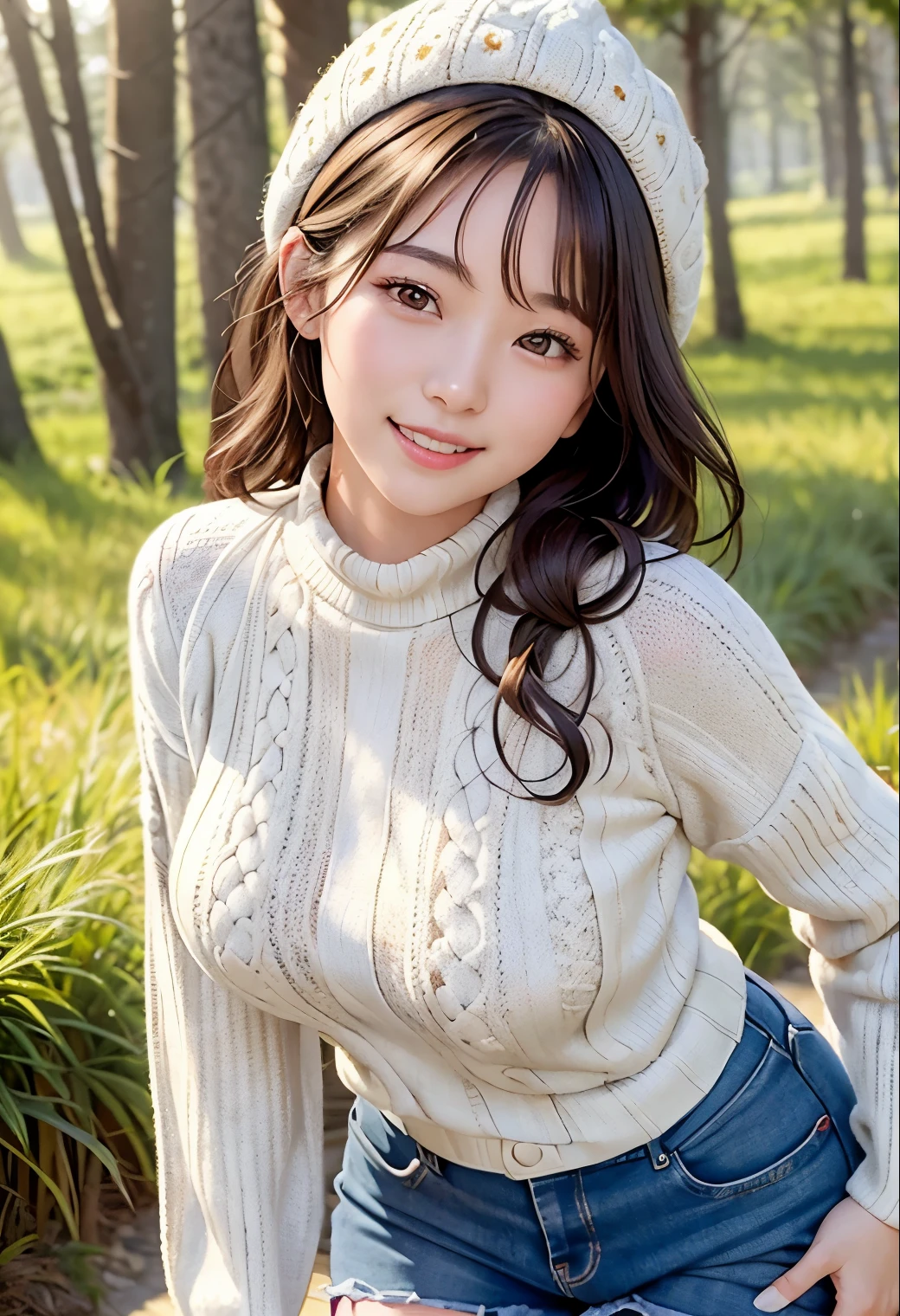 (highest quality,masterpiece:1.3,Ultra-high resolution),(Very detailed、Caustics) (Realistic:1.4, RAW shooting、)Ultra-Realistic Capture、Very detailed、Natural skin texture、masterpiece、(1 Japanese girl wearing a long cable knit sweater:1.3)、Adorable expression、Expressions of Happiness、************、Young Face、Amazingly cute、Knitted hat、Curly Hair、Black Hair、light makeup、Busty and bursting、Shining thighs、Shooting in the winter forest、smile、An inviting gaze、Cowboy Shot、Anatomically correct、Attention to detail、